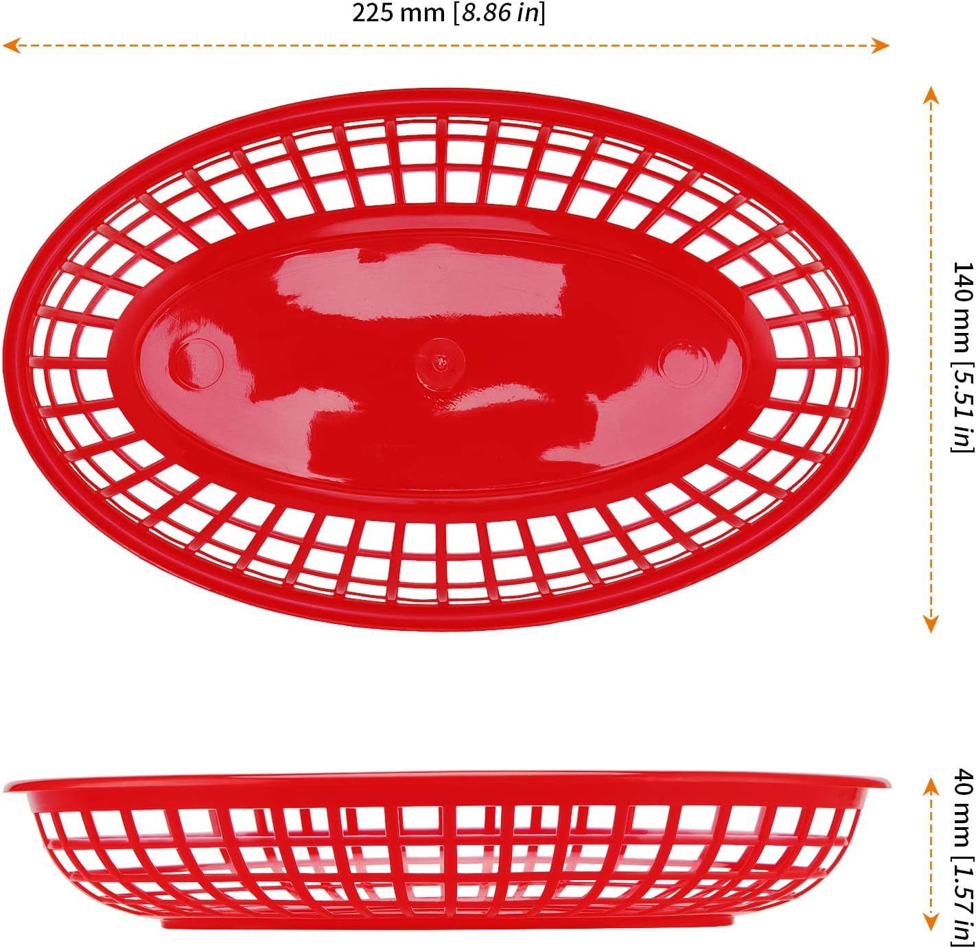 HOZEON 60 Pack 8.9 x 5.5 Inches Red Fast Food Baskets, Plastic Food Serving Baskets, Oval Bread Fry Basket Deli Baskets Restaurant for Burgers, Sandwiches, Barbecues