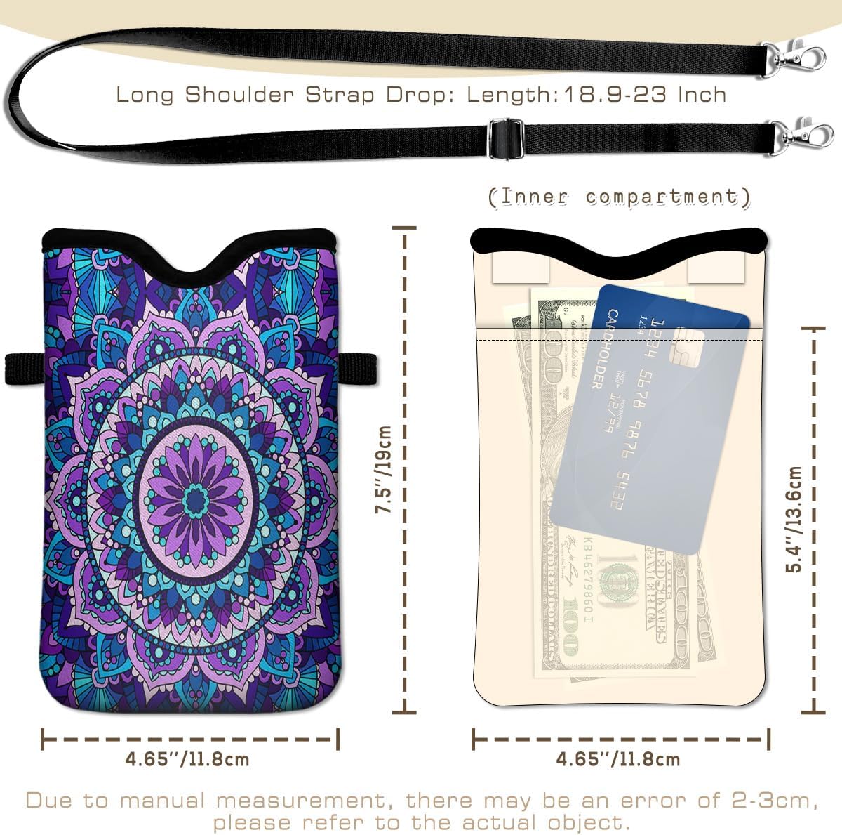 IRADA Neoprene Cell Phone Sleeve Pouch Case Bag with Crossbody Strap Neck Lanyard for Women Men 7.6 X 4.3 Inches-Purple Mandala Flower Shockproof Universal Phone Bag - Image 4