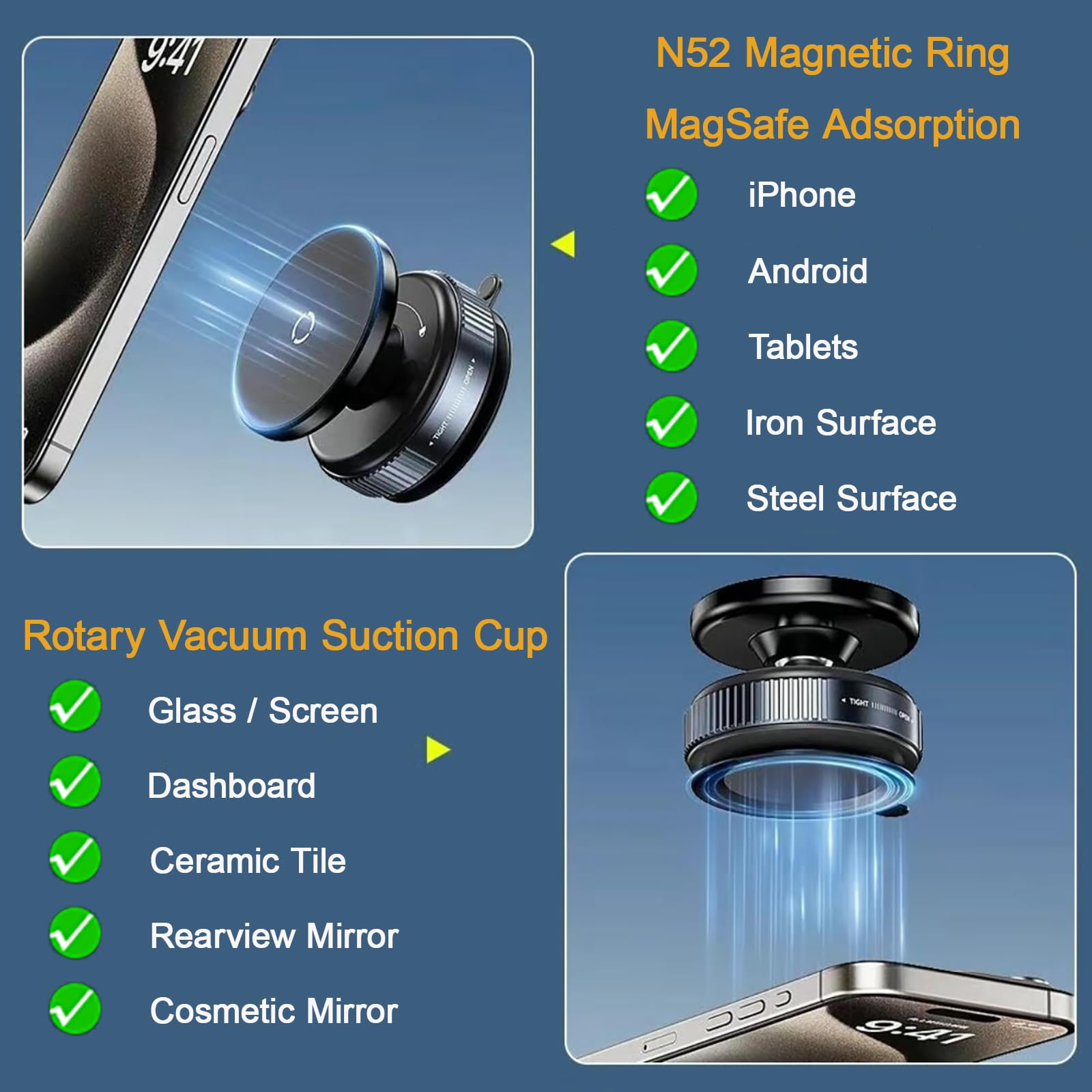 Soporte magnético giratorio de 360°, sin ruido y sin carga, soporte magnético para teléfono para coche, gimnasio, espejo, baño, superficie lisa, soporte de teléfono con ventosa compatible con