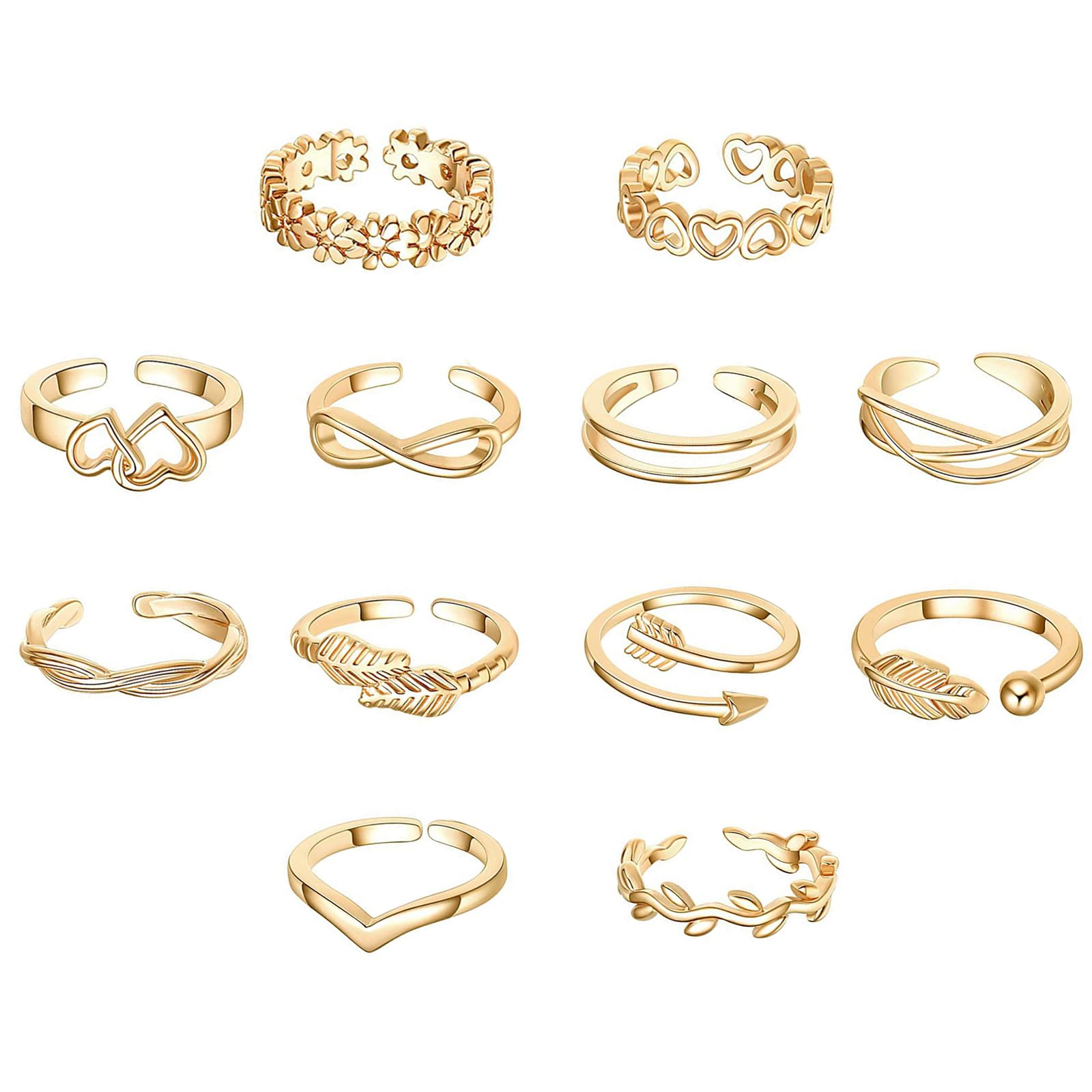 12PCS Toe Rings for Women 14K Gold/Silver Plated Adjustable Toe Ring Set Open Heart Arrow Infinity Rings Beach Foot Jewelry for Summer