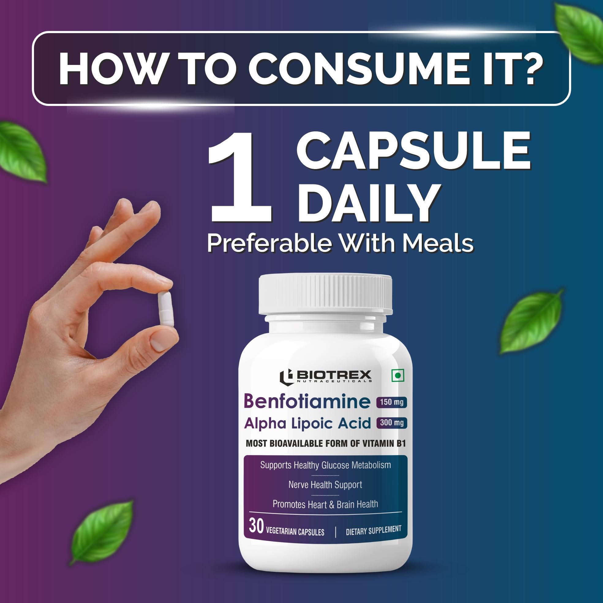 Biotrex Nutraceuticals Benfotiamine 150mg, Alpha Lipoic Acid 300mg With Leucine | Glucose Balance & Metabolic Response | Brain, Heart & Nerve Health | Most Bioavailable Vitamin B1-30 Veg Capsules — Amazon image 4