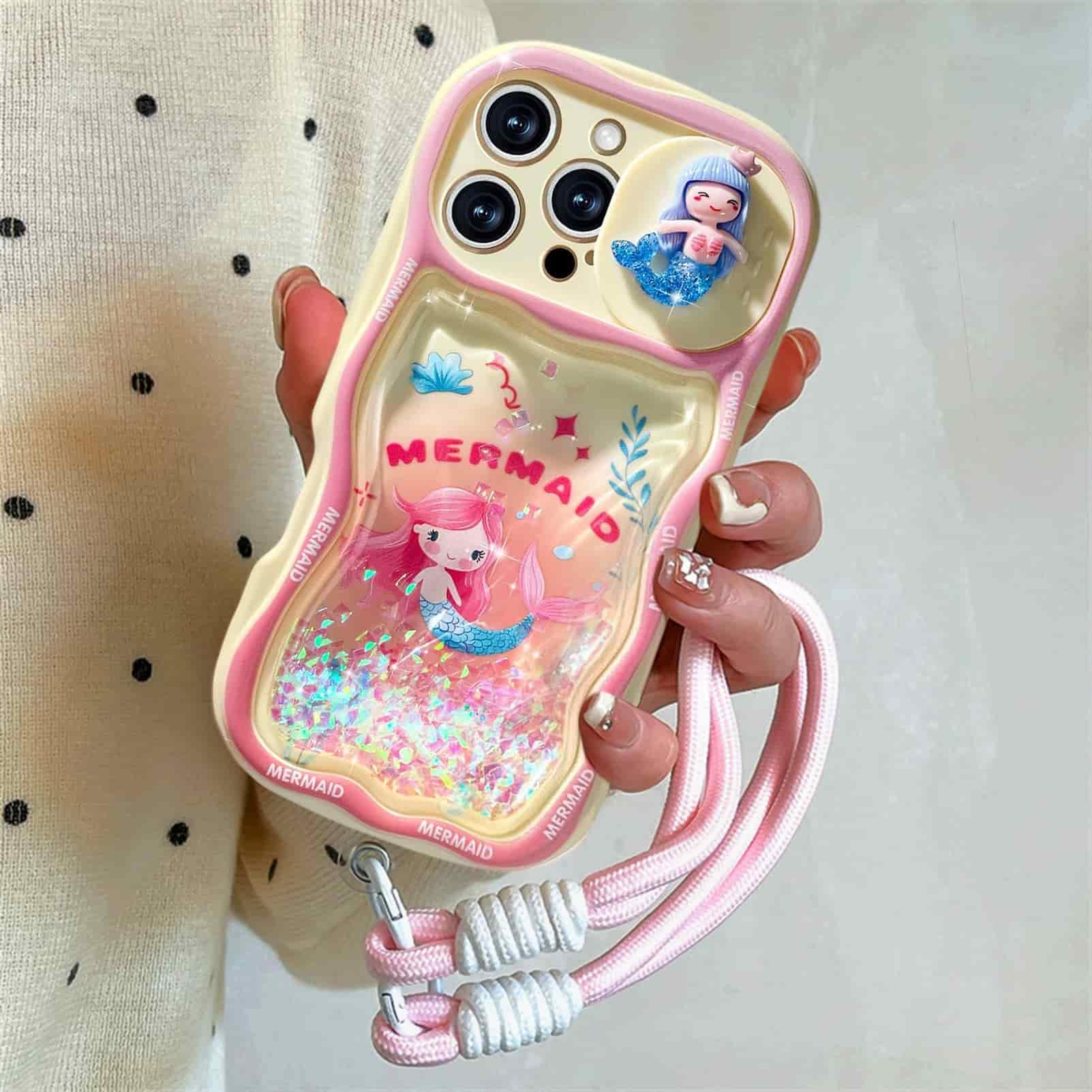 KFQDC for iPhone 16 Pro Max Case with Kawaii Cartoon Designt and Charm Chain,Bling Liquid Quicksand and Sliding Camera Cover Shockproof Case for