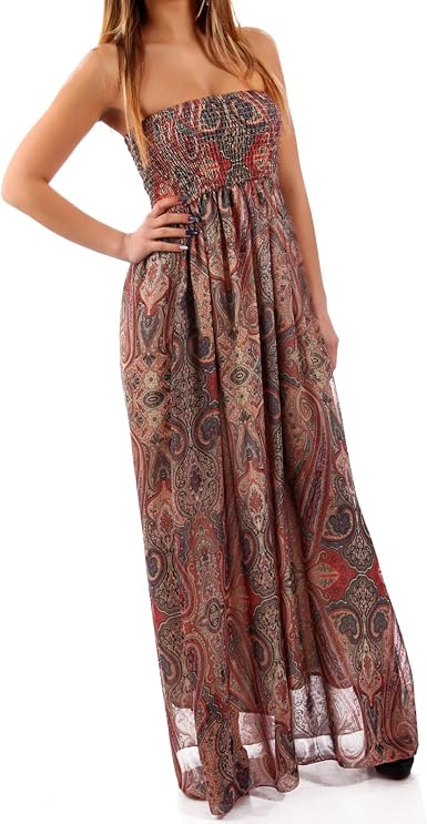 Vestido largo hippie escote palabra de honor, vestido de gasa sin tirantes,  vestido de verano multicolor altrosa : Amazon.es: Ropa