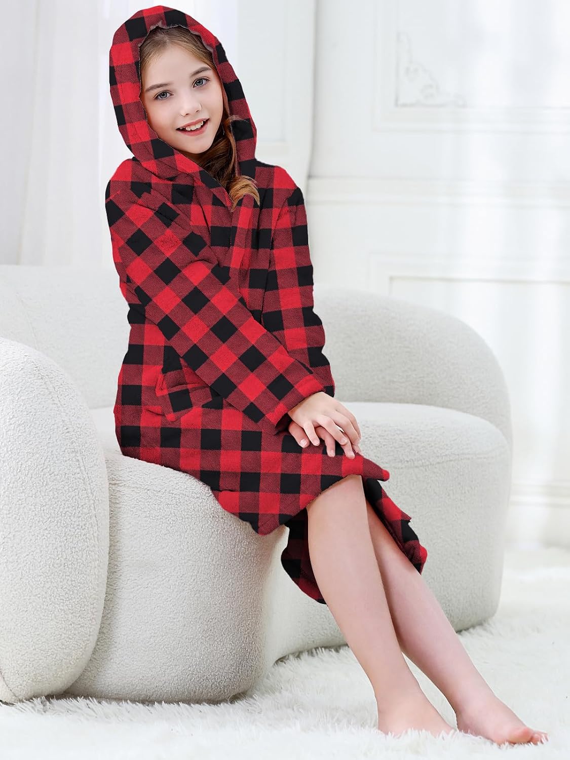 QZH.DUAO Girls Fleece Hooded Robes, Soft and Fuzzy Bathrobe Sleepwear for Girls Ages 4-12