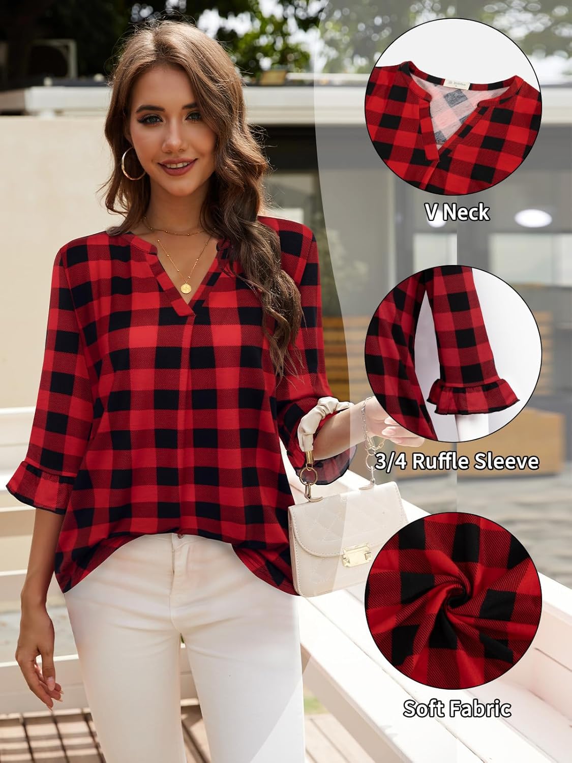 Bulotus 3/4 Length Sleeve Womens Tops Dressy Casual V Neck Blouses Work Casual Shirts Spring Tunics Beach Vacation - Image 6