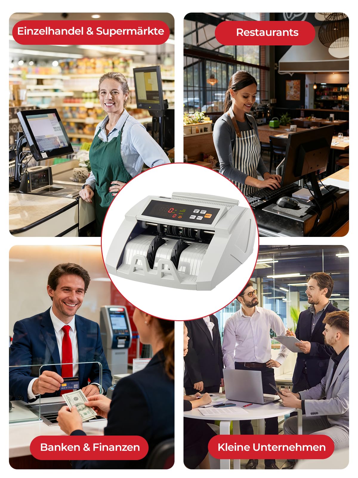 FOHERE Geldzählmaschine, Professioneller Geldzähler mit UV/MG/IR/DD Fälschungserkennung, 1100 Banknoten/Minute, LCD-Display, Wert- und Batch-Modus für Geschäfte, Banken und Restaurants