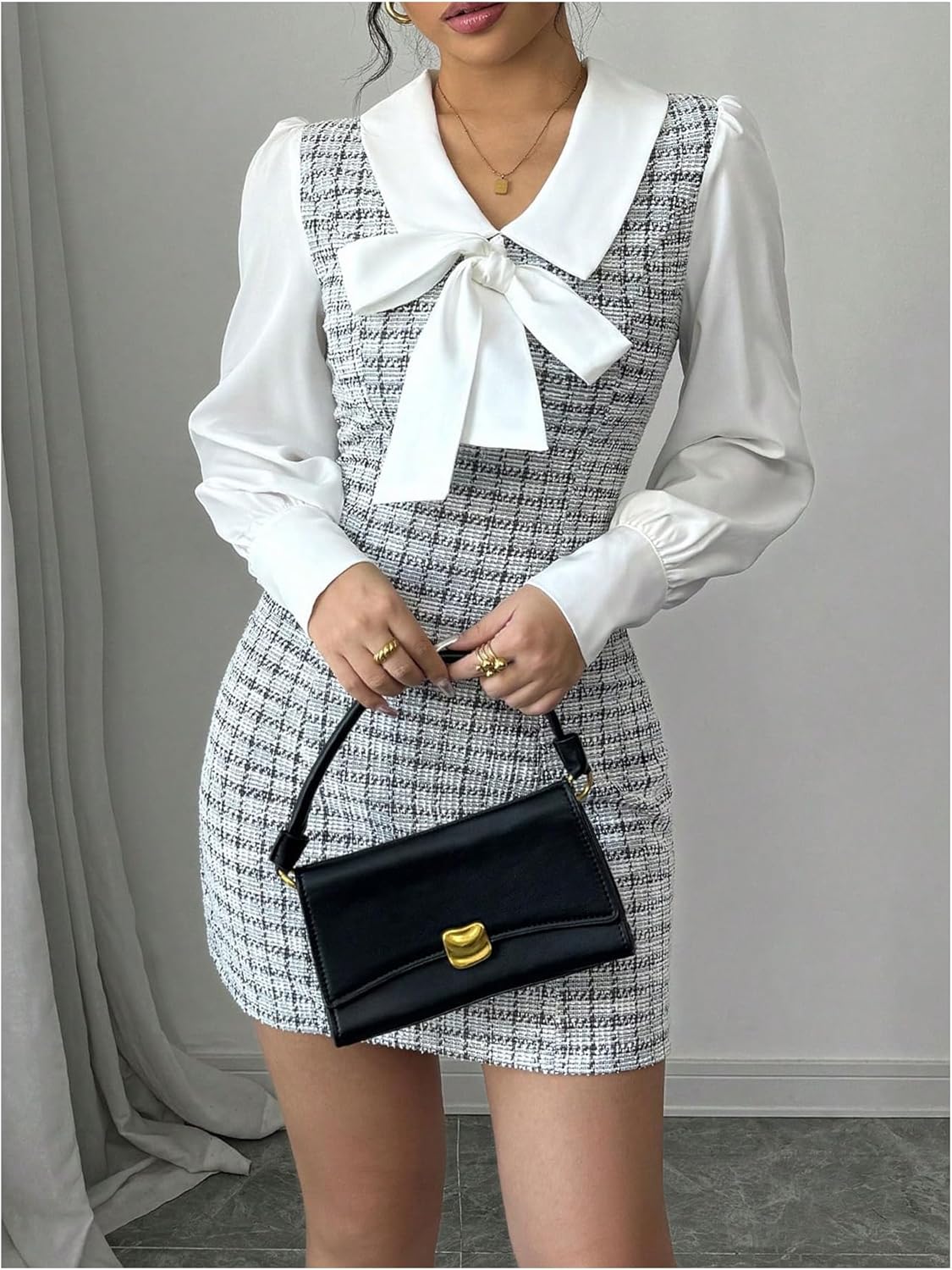 Floerns Women's Elegant Plaid Tweed Dress Bow Front Lantern Long Sleeve 2 in 1 Mini Houndstooth Dresses - Image 3