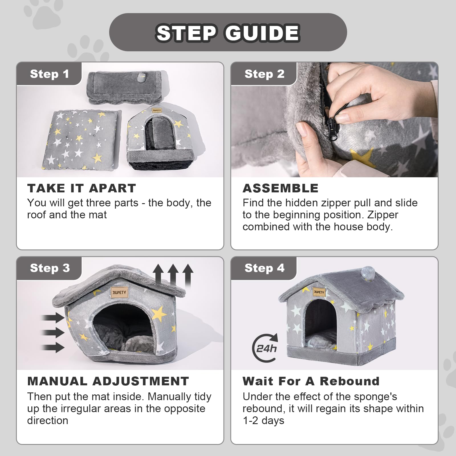 JIUPETY Cute Small Dog House Indoor, Foldable House Kennel Bed Mat with Cushion, L Size Dog Tent Up to 25 lbs, Dog Cave Bed with Non-Slip Bottom, Grey