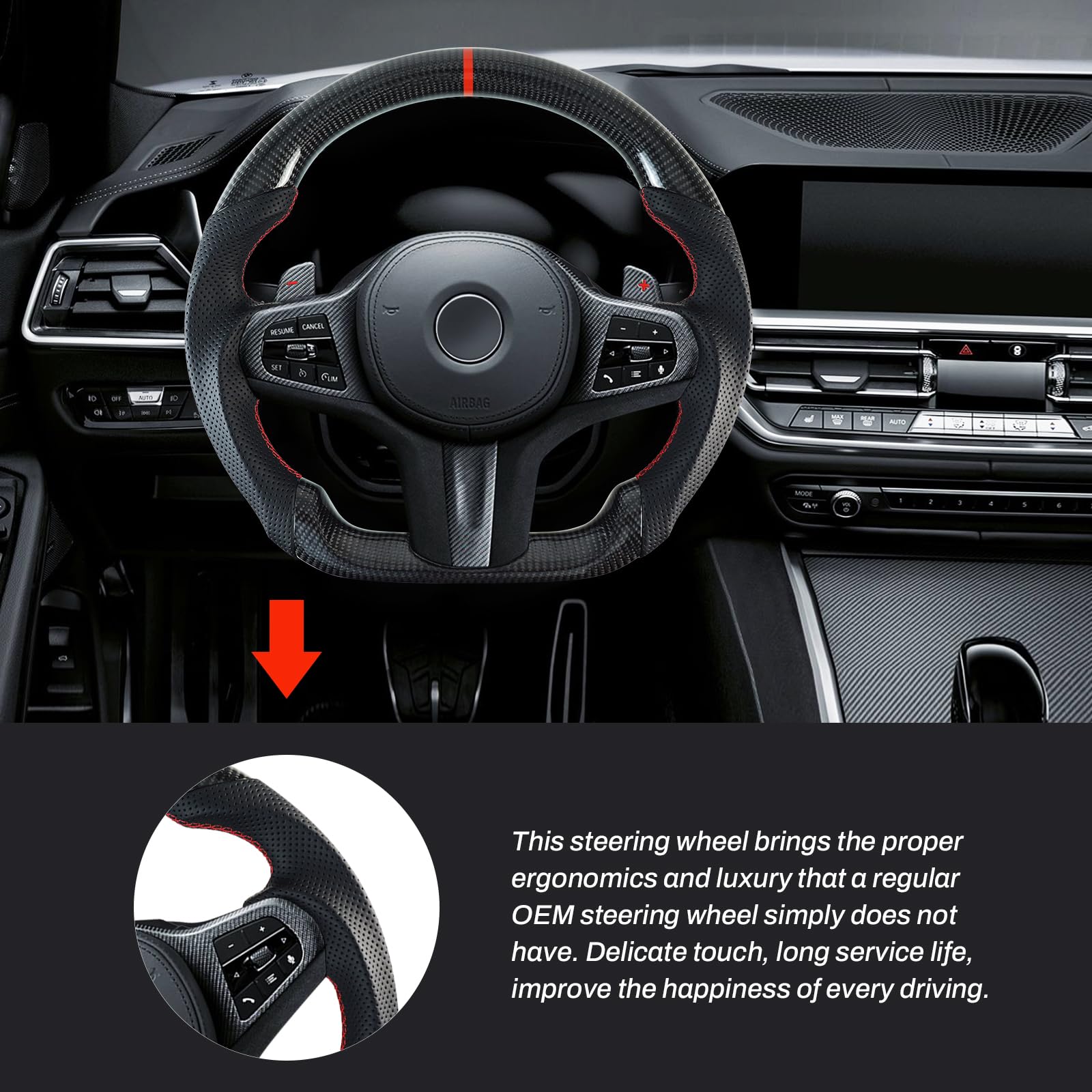 Handgefertigte echte Carbonfaser-Lenkrad, Runde Oberseite und flache Unterseite Lenkrad, Perforierter Ledergriff für BMW M Sport G20 M3 F40 F44 G21 G28 G22 G29 F87 G80 F82 F83