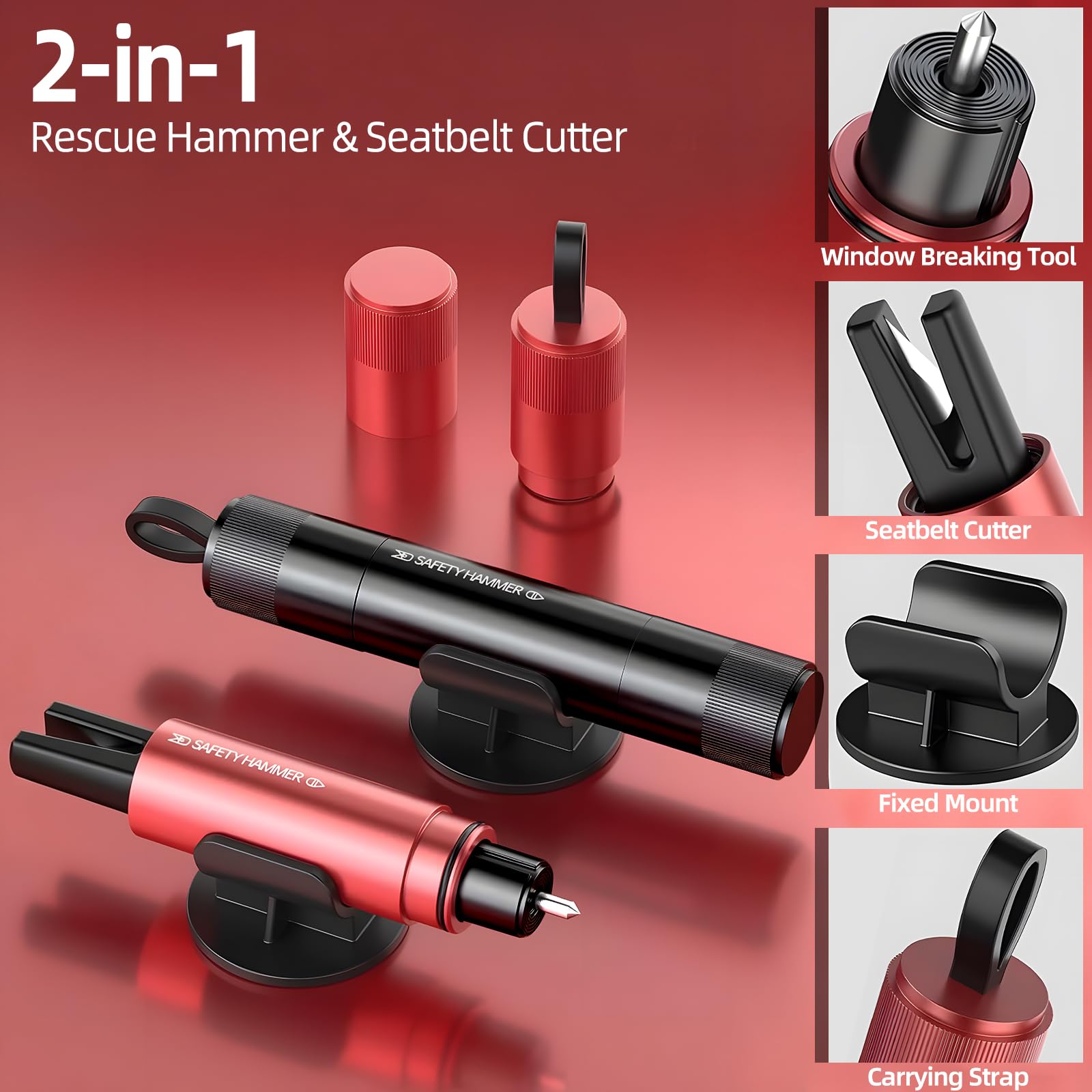 2 in 1 Gurtschneider Notfallhammer, 2 Stücke Sicherheitshammer mit Gurtschneider，Nothammer mit Testglas zum Üben, Notfallhammer Auto mit Gurt schneider für Auto und Busse, Emergency Cartool