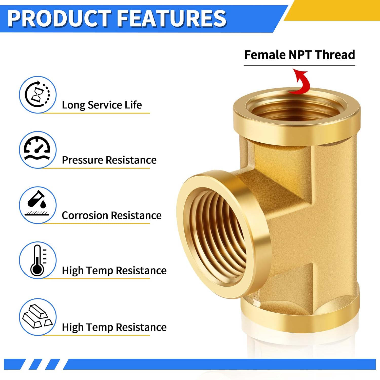 FANOVO 2pcs 1/4'' Forged Brass Tee Fittings, 1/4'' x 1/4'' x 1/4'' NPT Feamle 3Way Metal Pipe Connector, ''T'' Sharpe Fitting Brass Adapter Coupling, for Gas, Air, Oil, Propane Multi System