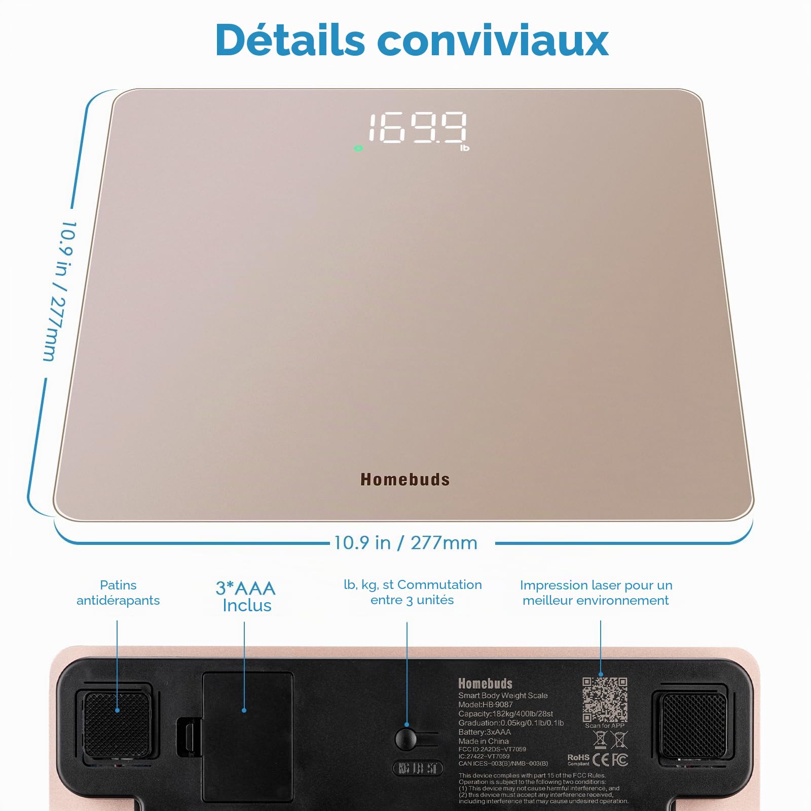 Homebuds Balance Connectée, Haute Précision 0,05kg Par Notre Professional Fabricant Depuis 2001, Pese Personne Step-On et LED Lumineuse, APP Sync Avec le Poids et l'IMC, 182kg, Or Rose
