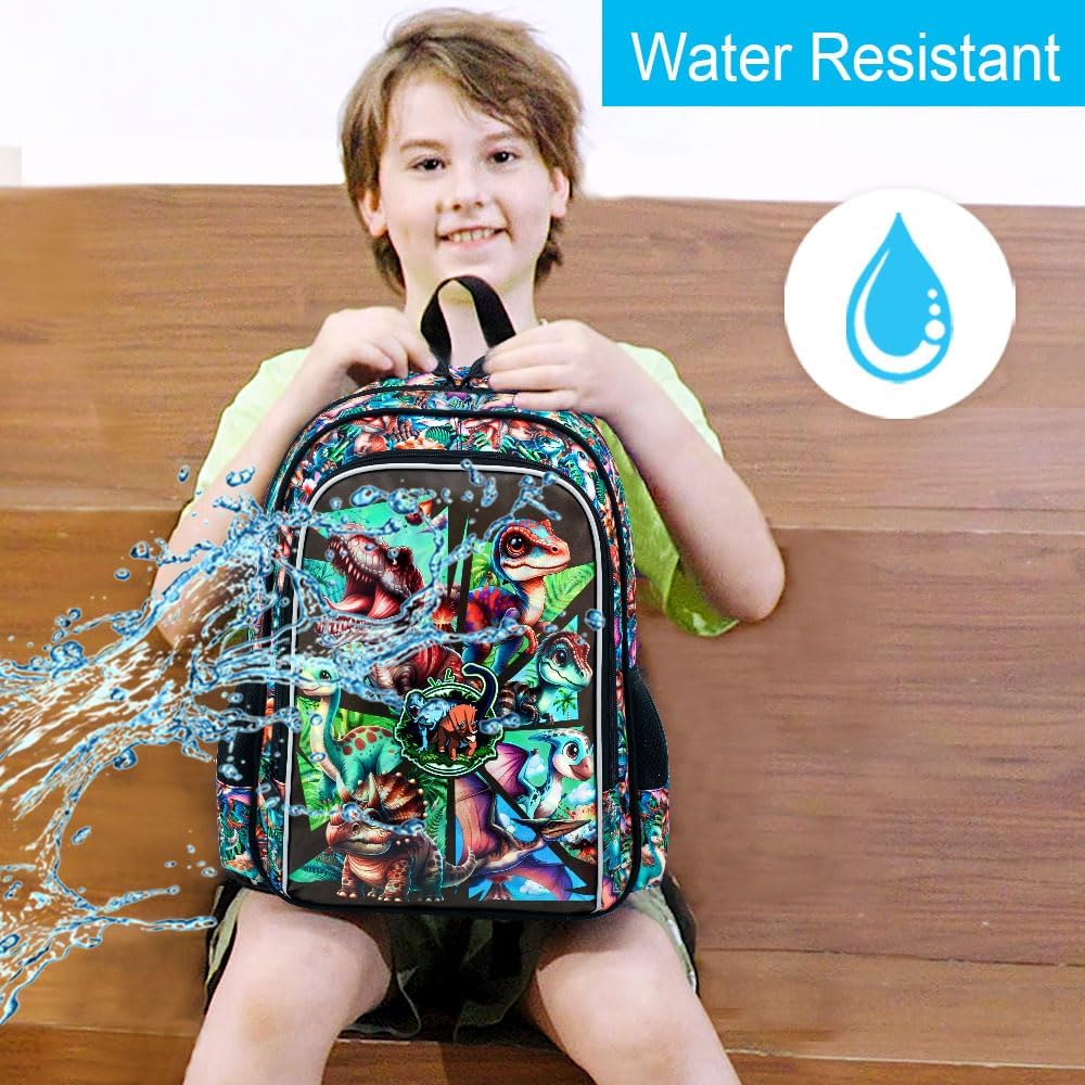 gxtvo 3PCS Kids Dinosaur Backpack, 16" Boys Bookbag with Lunch Box, Water Resistant Elementary Preschool Toddler School Bag