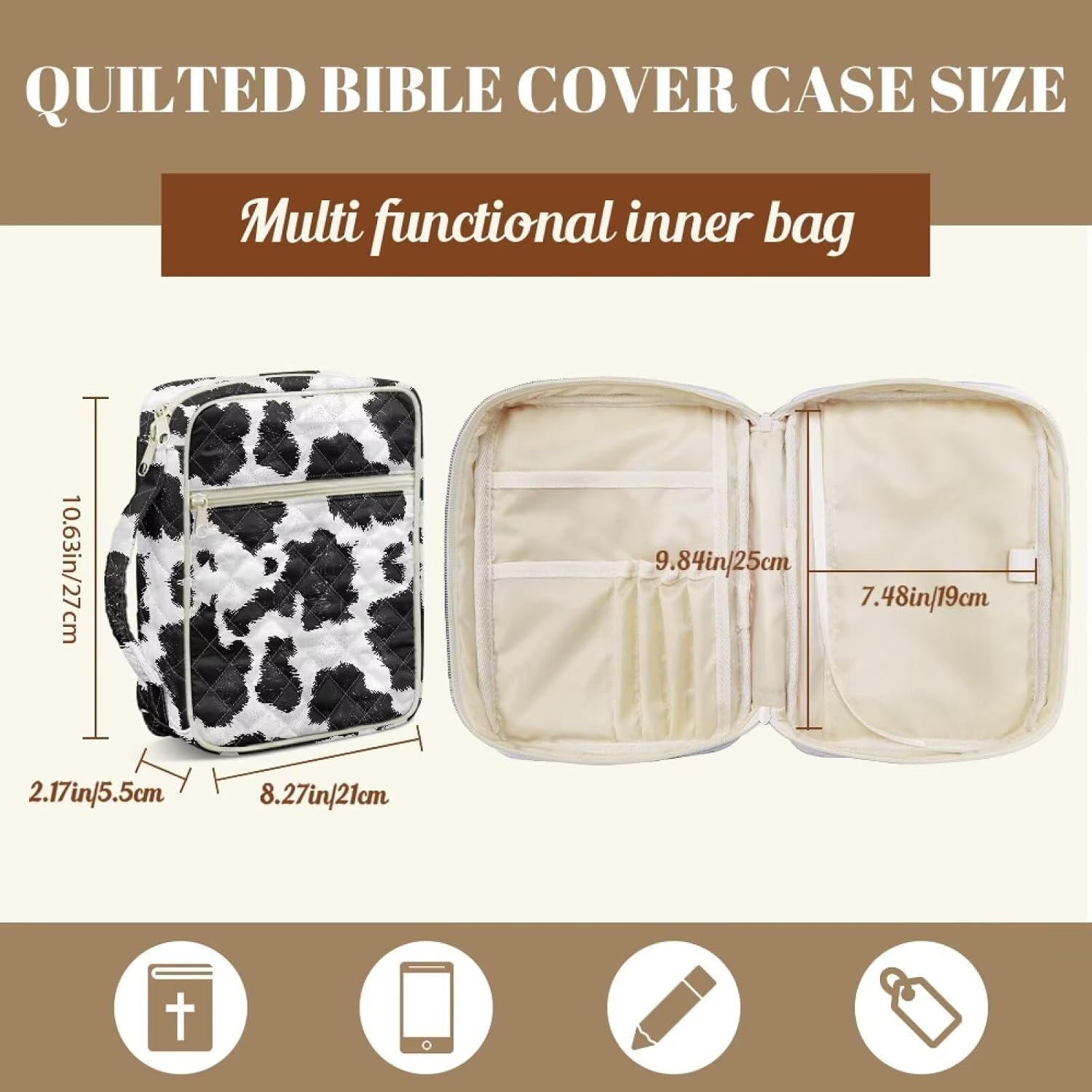 Black and White Cow Print Quilted Bible Carrying Case for Women Bible Cover with Handle Scripture Study Supplies Accessories Christian Gifts