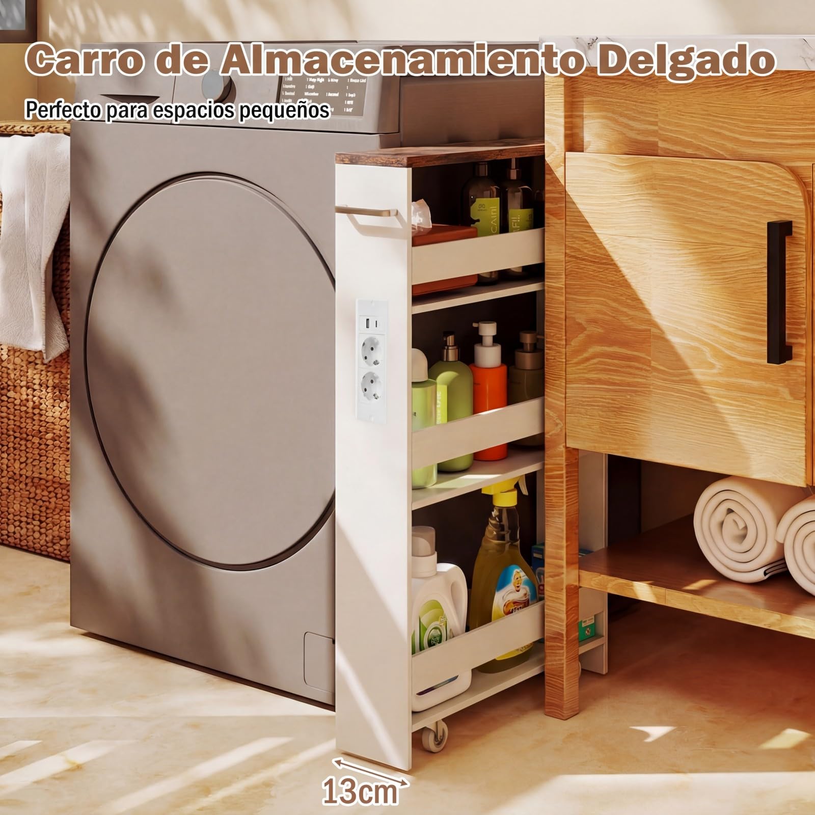 GOPLUS Carrito Auxiliar con Ruedas de 4 Niveles, Carro de Almacenamiento Estrecho con con Asa Lateral y Barandillas, Carro de Servicio Compacto con Enchufes, 47 x 13 x 80 cm (Blanco y Marrón)