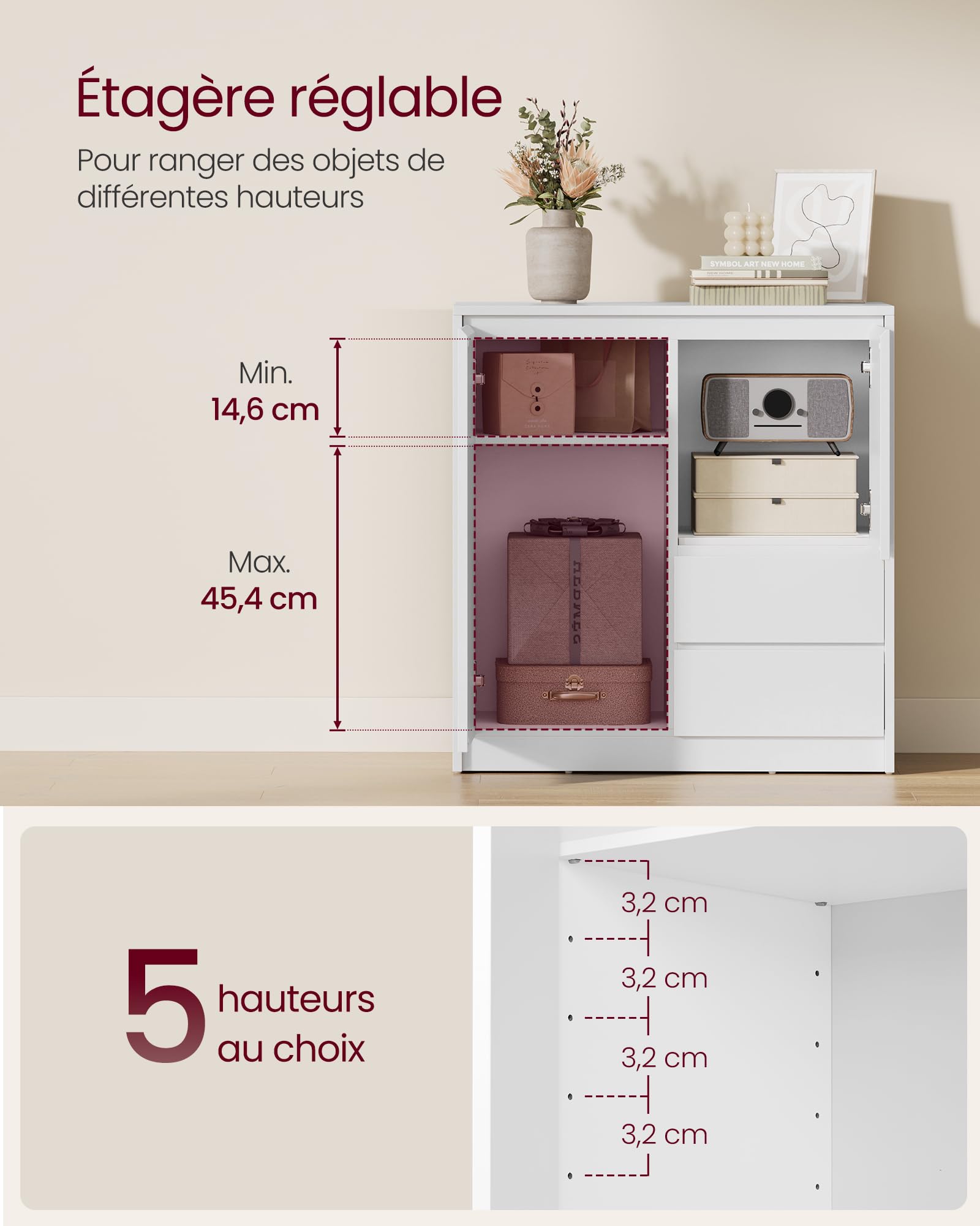 VASAGLE Kailyn Collection - Buffet, Armoire de Rangement, avec Porte et Étagère Réglable en Hauteur, 2 Tiroirs, Moderne, 70 x 40 x 74,5 cm, pour Salon, Salle à Manger, Bureau, Blanc Nuage BBK243W01V1