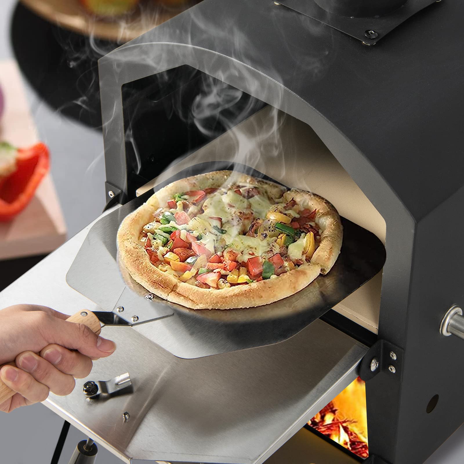 GOPLUS Four à Pizza d'Extérieur à Bois pour 2 Pizzas, Acier Inoxydable, Pieds Repliables, Couvercle Étanche