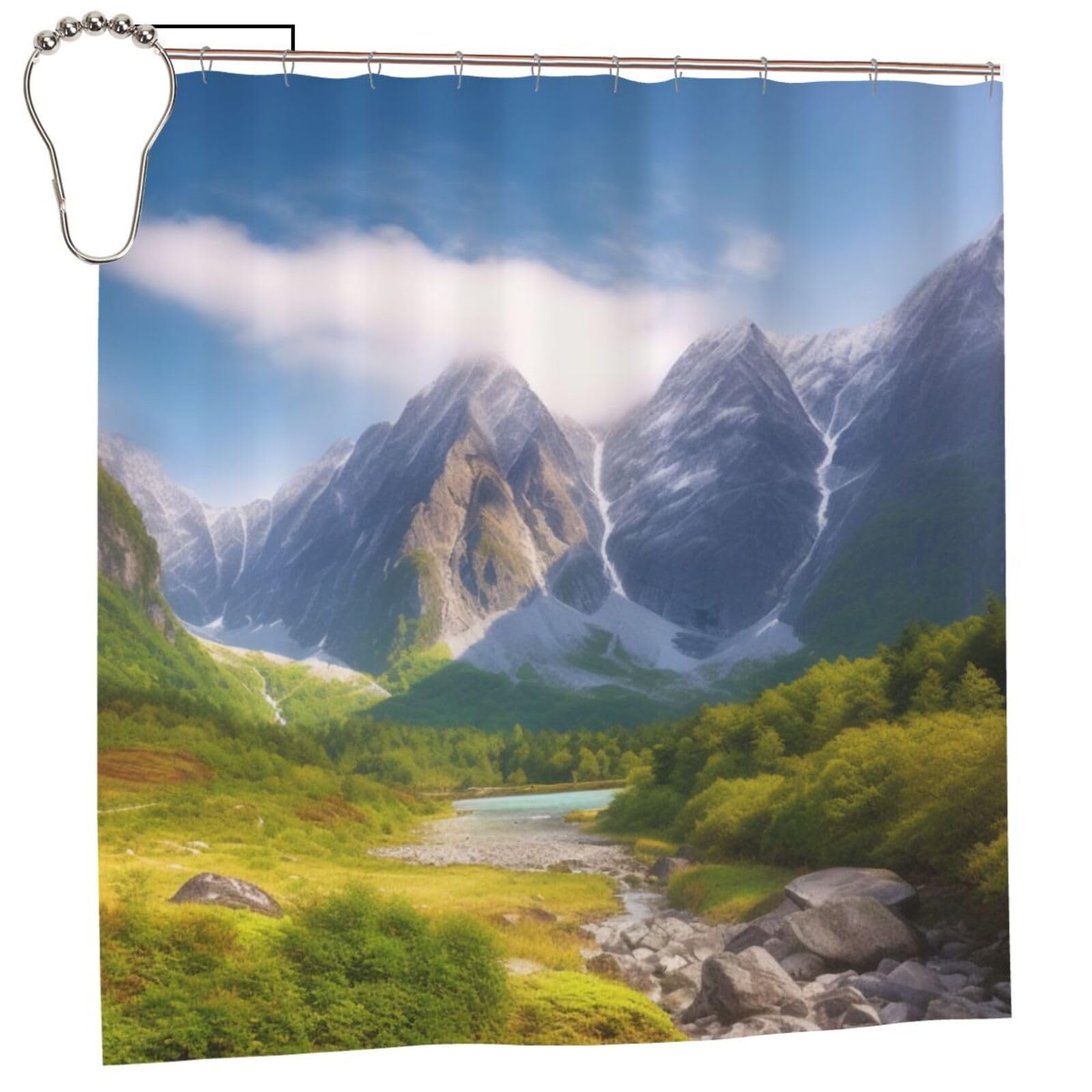 BWWHCCTI Travel Mountain Scenery Printed Shower Curtain With 12 Iron Hooks Opaque Quick Drying Waterproof Shower Curtains Sets For Bathroom 183x183 CM