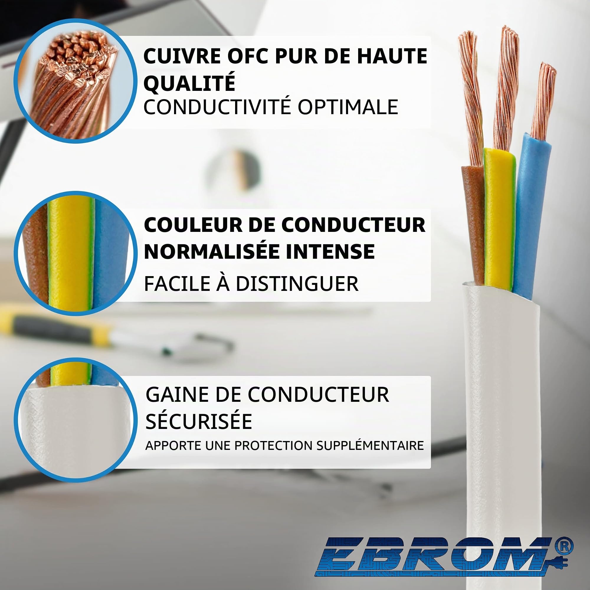 Câble souple, rond, en plastique blanc - H05VV-F - 3 x 1,5 mm². Au choix 5, 10, 15, 20, 25, 30, 35, 40, 45, 50, 55, 60 m et ainsi de suite jusqu'à 100 m par tranche de 5 m