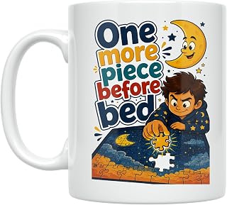 Puzzle Enthusiast Coffee Mug - One More Piece Before Bed Design - 11 oz White Ceramic - Whimsical Moonlight Theme