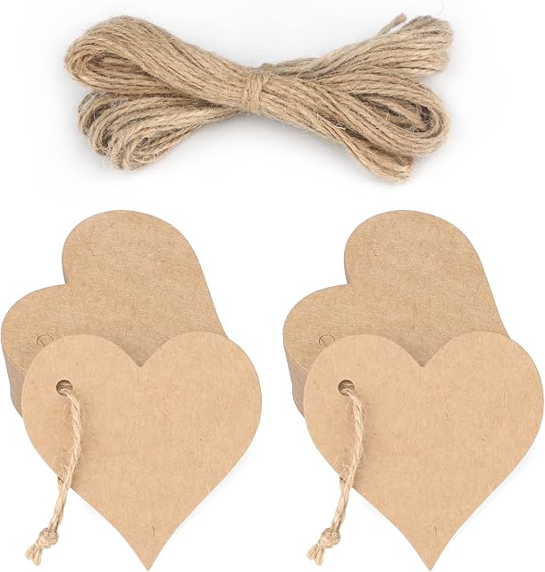 jijAcraft 100 Pcs Brown Heart Gift Tags with String, Kraft Paper Gift Tags Labels for DIY Crafts, Wedding, Valentine' Gift