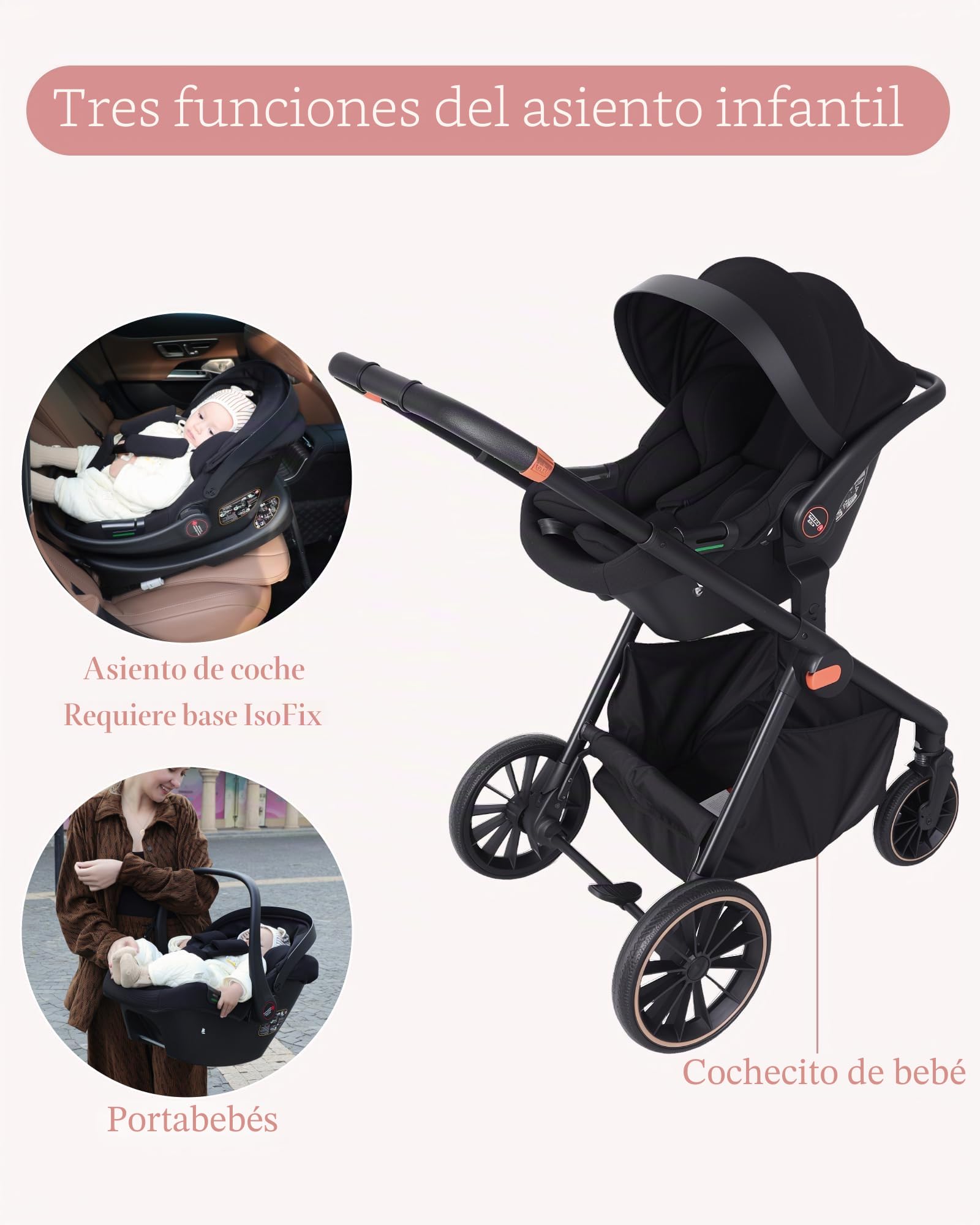 Carrito bebe 3 en 1, carro bebe con dos modos deslizantes reversibles, silla de paseo con marco de aleación de aluminio, juego completo 3 en 1 diseño plegable con un solo toque-Rosa
