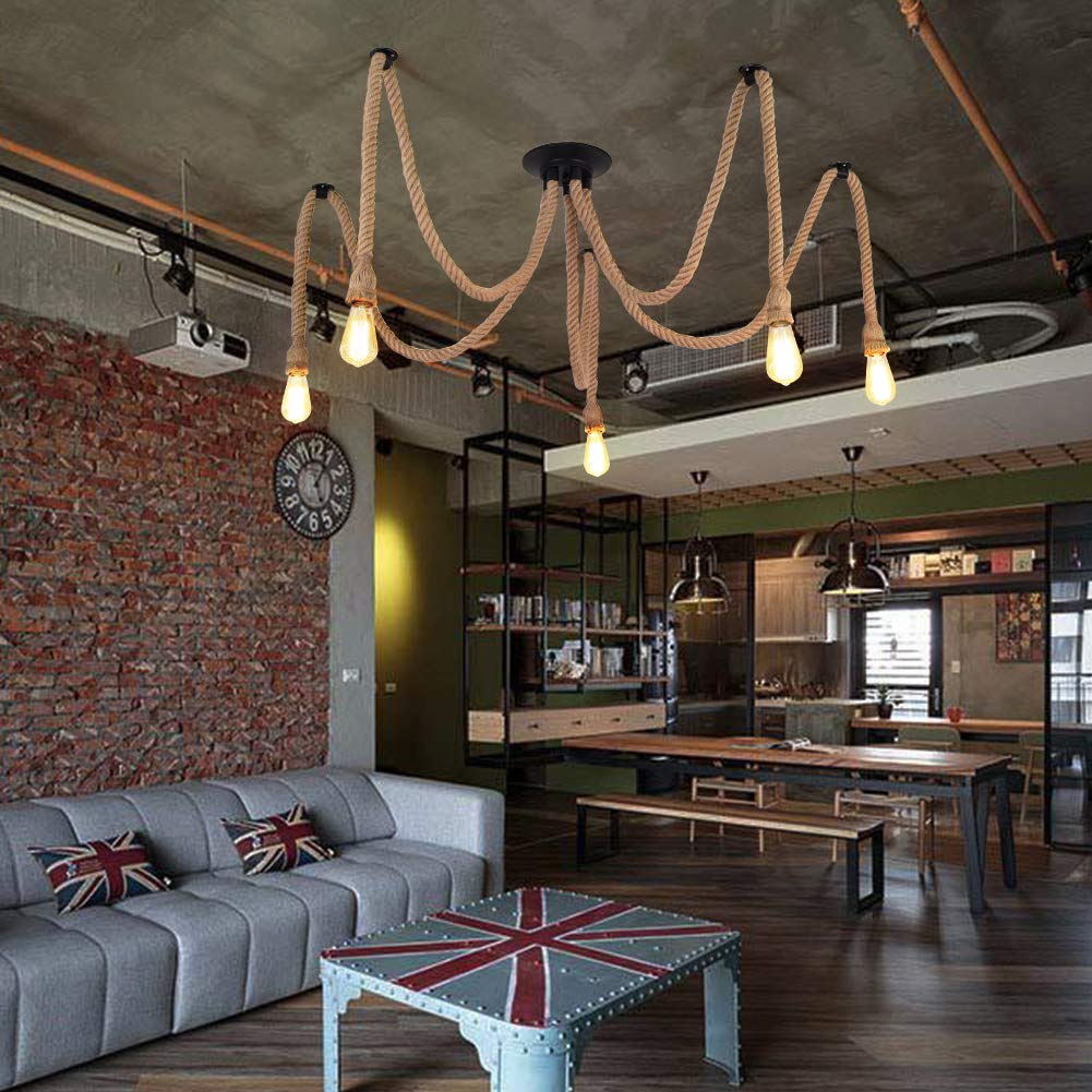 MAXDUYU Lampadario a Sospensione Industriale,5 Teste, Corda di Canapa E27 per Soggiorno,Cucina,Sala da Pranzo,Bar,Caffè, Ristorante
