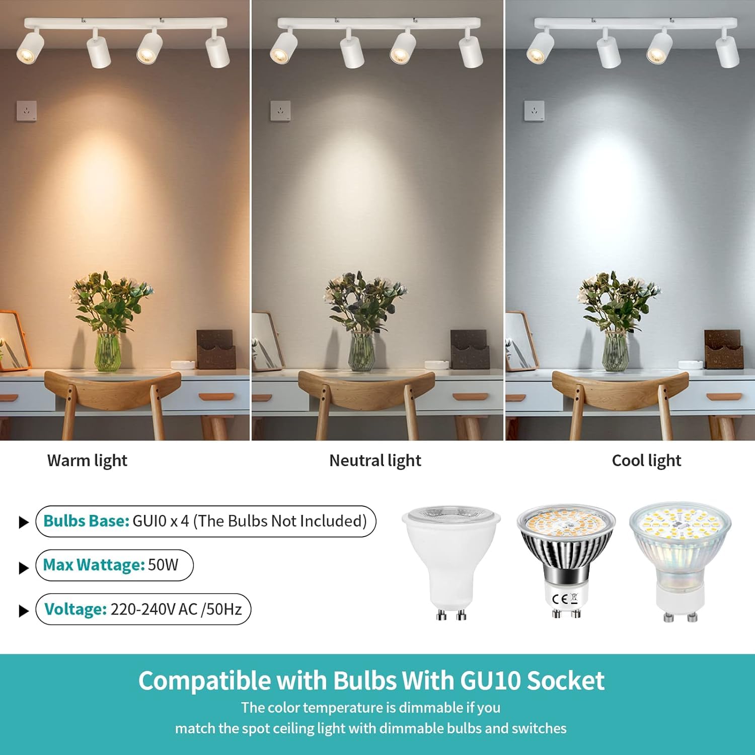 wowatt Lampara de Techo 4 Foco Orientable Blanco Interior Gu10 Sin Bombilla | Plafon Techo Focos Ajustable, Barra Focos LED Pared Giratorios, Rail Iluminacion para Salon Dormitorio Pasillo Cocina Comedor