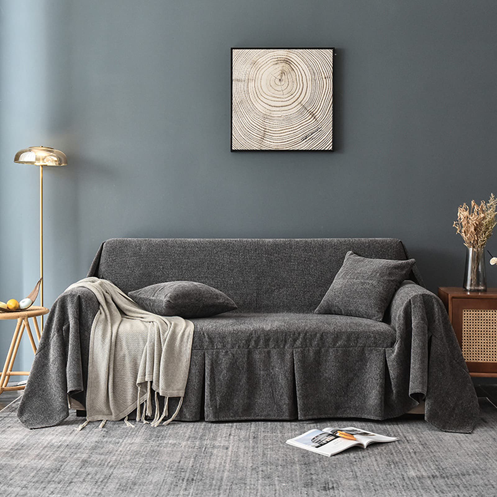Housse de canapé en chenille gris foncé 200x360cm pour salon