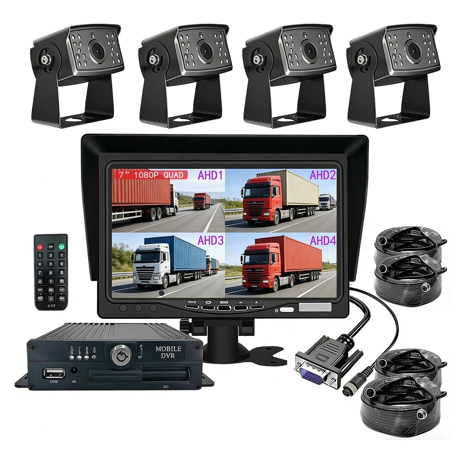 Monitor de pantalla VGA de 7 pulgadas Sistema MDVR 4x cámaras de visión trasera frontales(None)