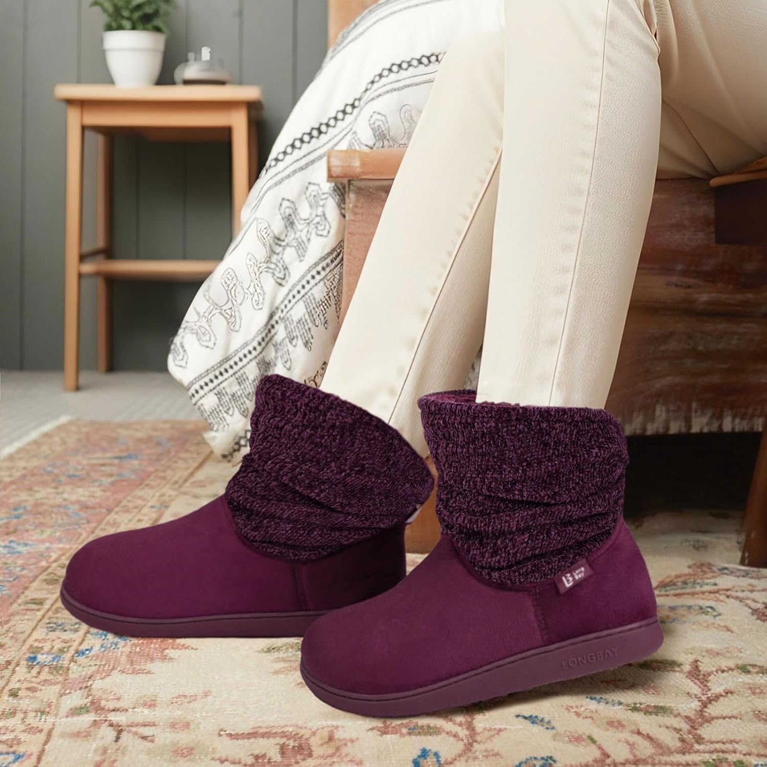 LongBay Women's Warm Chenille Knit Bootie Slippers Memory Foam Comfy Suede Fluffy Faux Fur Boots House Shoes - Image 2