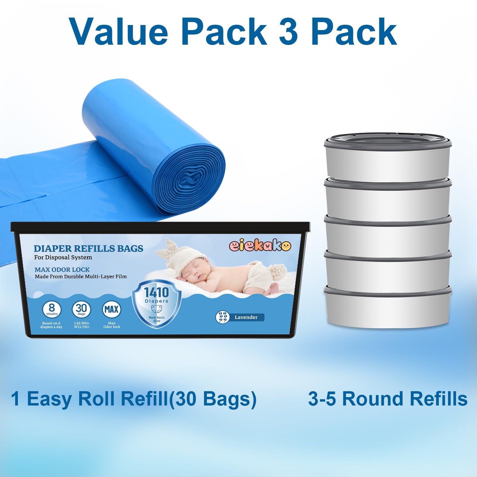 Diaper Refill Bag 7-Layer Odor Control Extra Thick for Genie Easy Roll & Platinum Pail, 3-Pack (90 Bags), Holds Up to 4200 Newborn Diapers - 3