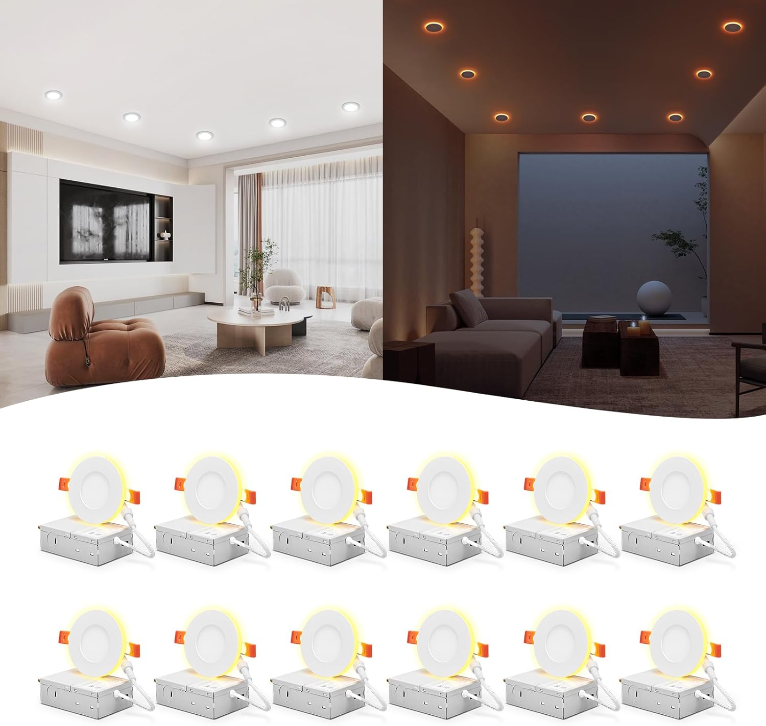 12 Pack 3 Inch Recessed LED Lights with Night Light, Canless Ultra Thin Wafer Recessed Lighting Downlight with Junction Box, Dimmable & 5 Color Temperature Selectable, 6W, ETL, White