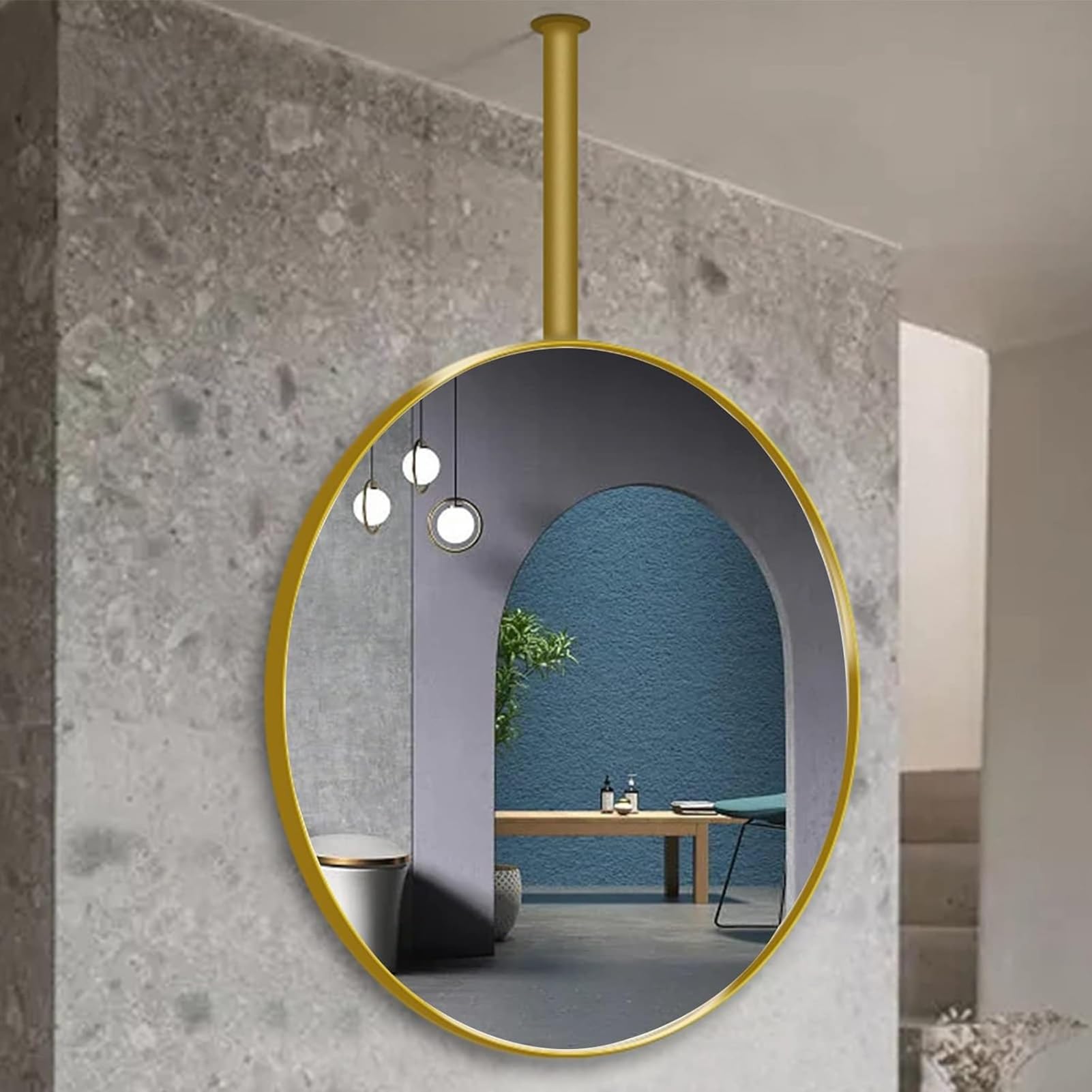 CGCSYZ Ceiling Mounted Rod Mirror With Gold Metal Frame And Hanging Rod, Bathroom Washroom Shaving Makeup Mirror Entrance Hallway Wall Decoration Mirror (60cmxrod)