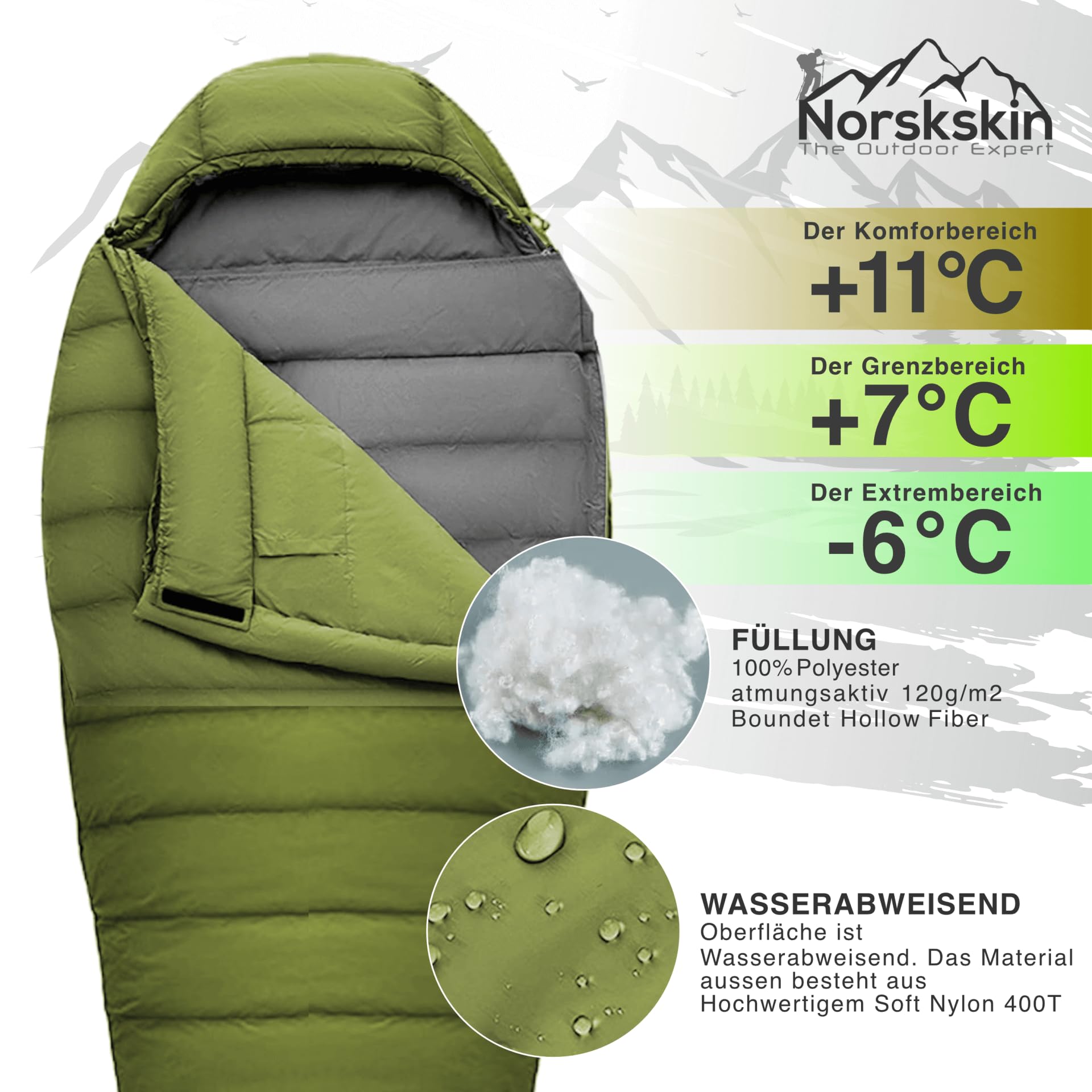 Mumienschlafsack Norskskin Ultralight 220 Grün Koppelbar Extrem - 6°C Schlafsack mit Kopfkissenfach