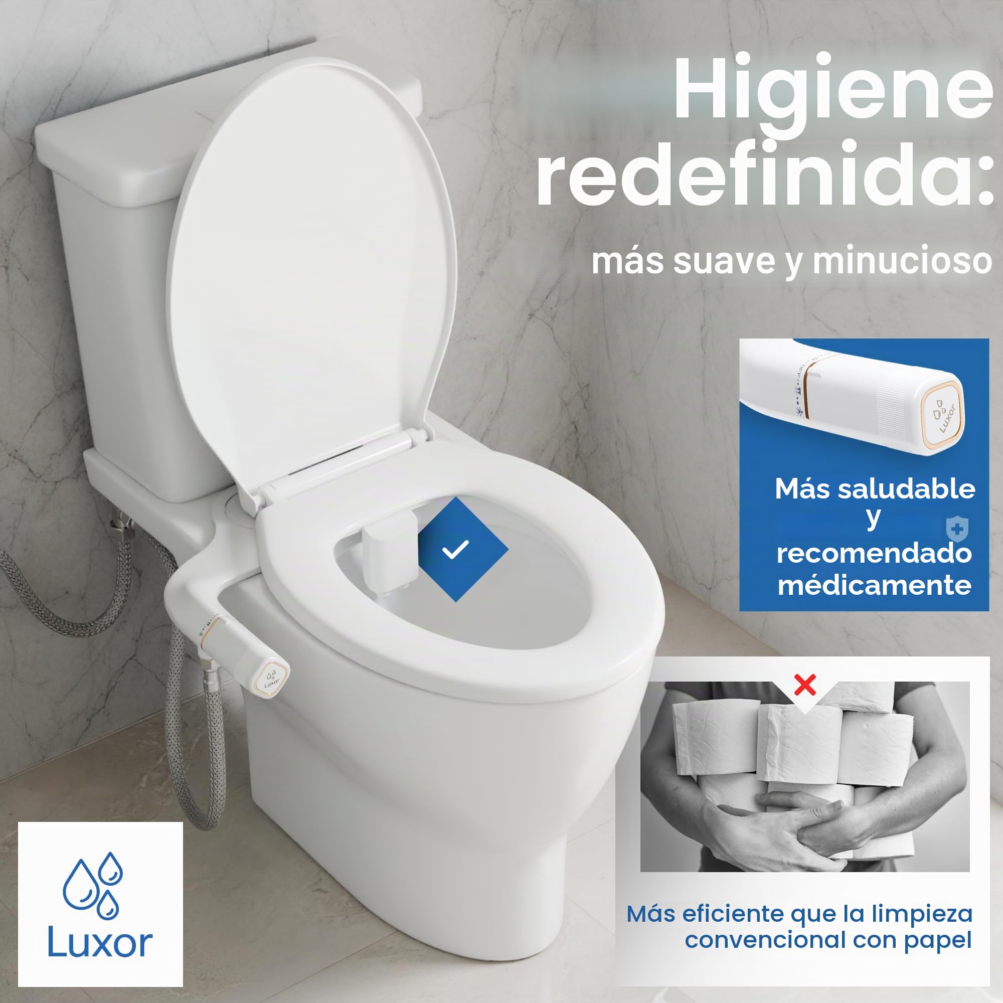 Luxor Accesorio de bidé para el inodoro – Accesorio de inodoro para adultos con doble boquilla [mujeres y hombres] | Presión de agua ajustable y fácil montaje | Limpieza higiénica gracias a la ducha