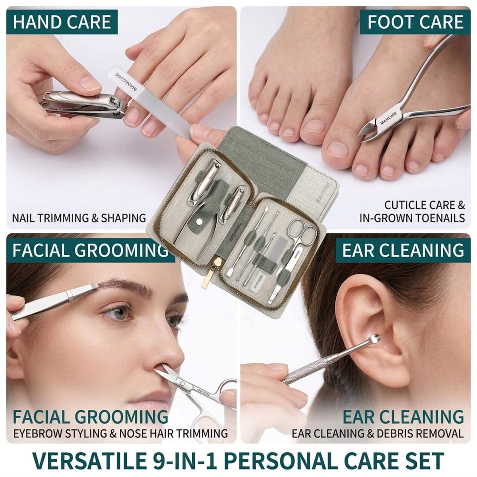 Set de Manicura 9 Piezas, Kit de Pedicura de Acero Inoxidable con Estuche, Set Profesional para el Cuidado de las Uñas con Cortaúñas, Tijeras, Lima de Vidrio para Uso Doméstico y Viajes