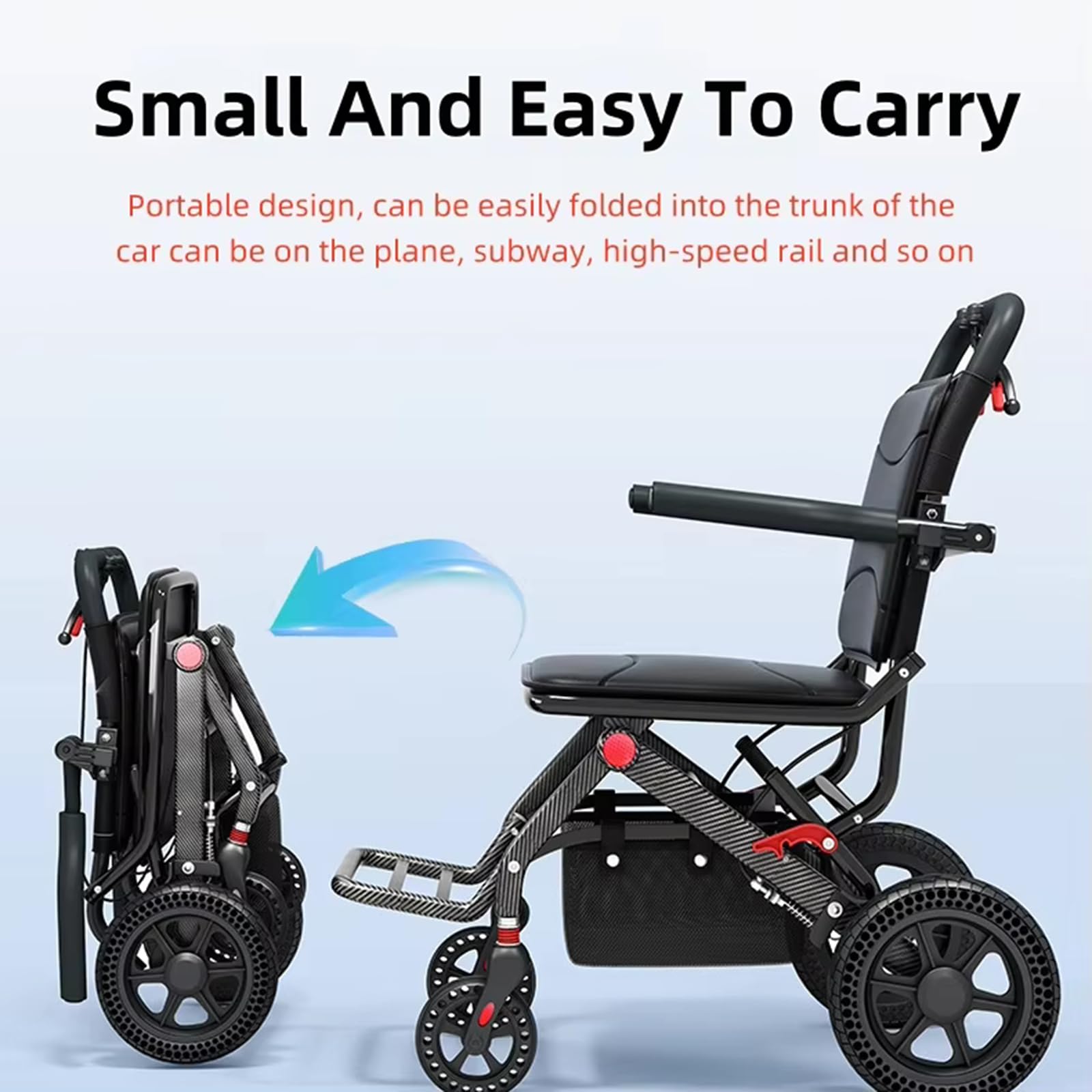 Silla De Ruedas De Transporte Todoterreno, Silla Ligera Y Plegable para Adultos Y Personas Mayores, Capacidad De 100 Kg, Portátil con Cesta De Almacenamiento, Fibra De Carbono, Color Negro