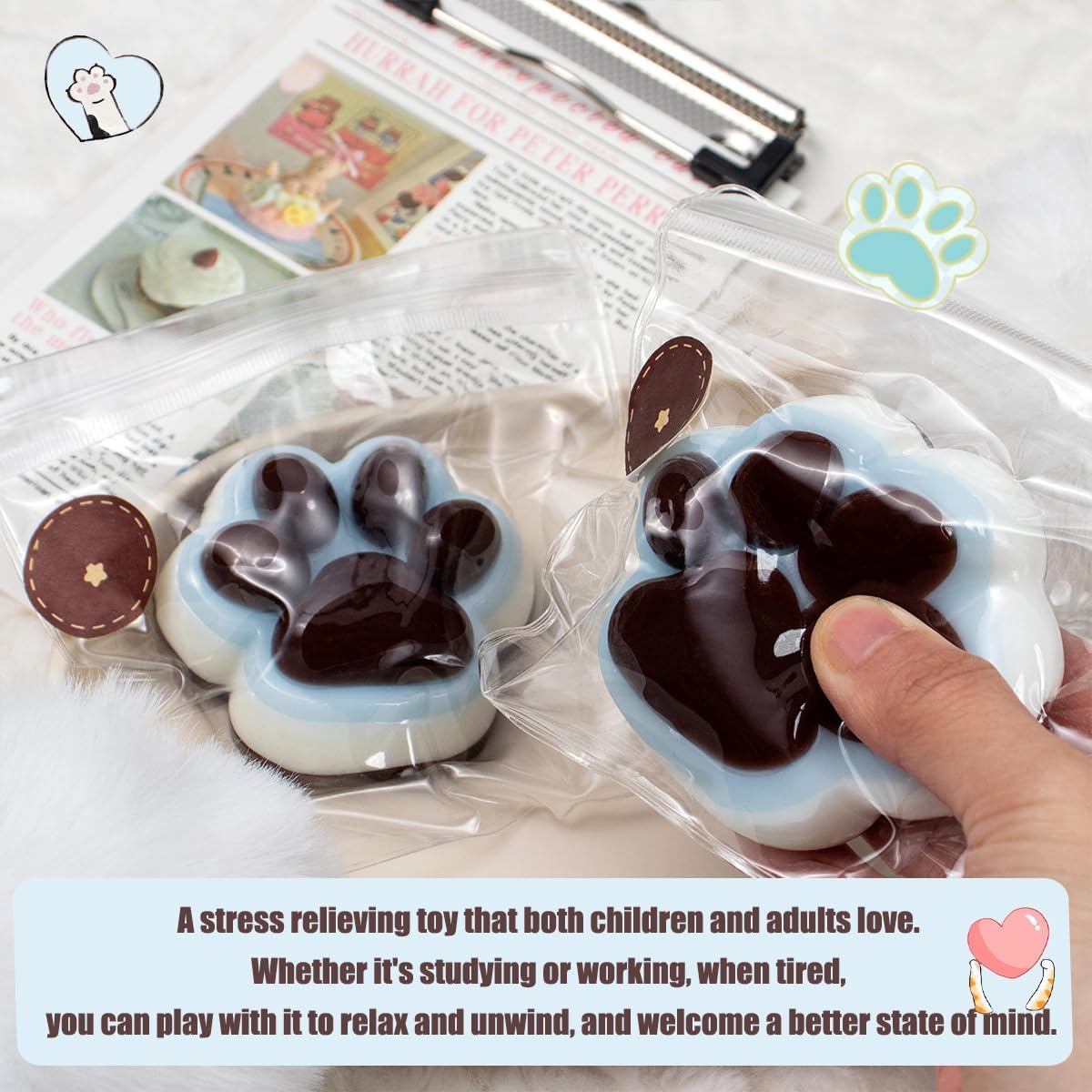 2Pcs Taba Squishy Cat Paw Squeeze Toys, Cute Cat Paw Squishy Toys for Stress Relief, Soft Kitty Squeeze Fidget Toys, Blue Brown Sensory Fidget Decompression Toy for Kids Adults (Sea Salt Chocolate)