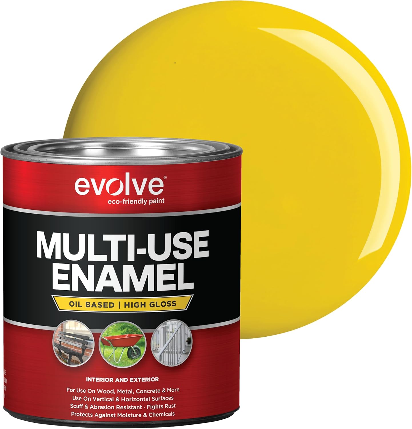 EVOLVE Multi-Purpose Alkyd Enamel – Interior Exterior Oil-Based Paint for Wood, Metal, Concrete, & Masonry, High-Gloss, Rust & Abrasion Resistant (Safety Yellow, 1 Quart)