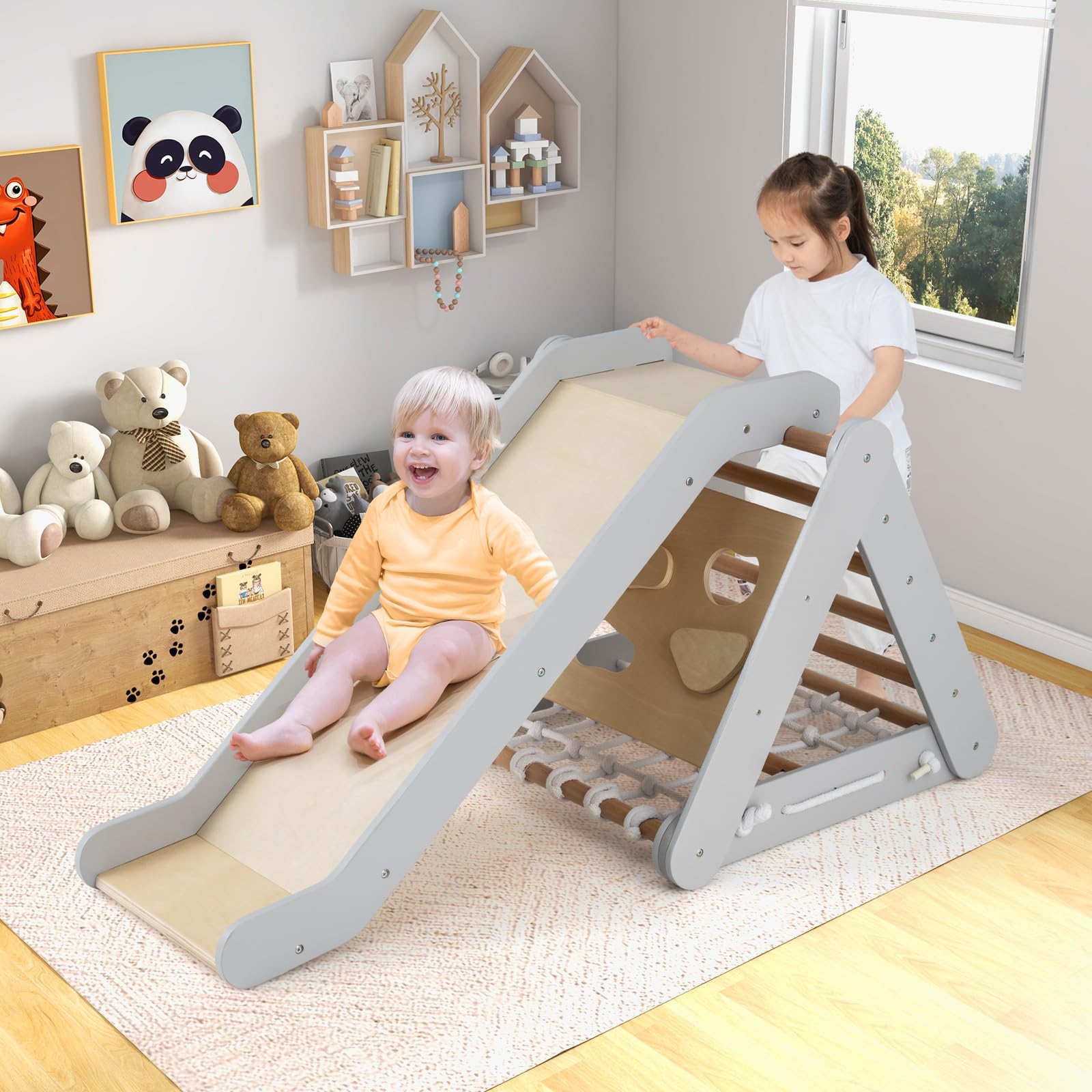 RELAX4LIFE 4 en 1 Trepa Triángulo de Madera con Rampa, Red de Escalada, Escalera y Tablero, Escalada Triángulo Infantil con Tobogán para Sala de Estar, Habitación de Niños, Guardería (Gris)