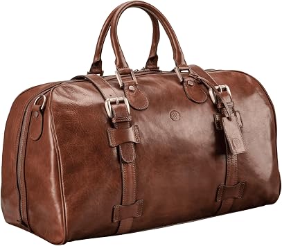 Maxwell Scott Mens Italian Leather Duffle Bag - Luxury Handmade Travel Weekender, 38L Carry-On Cabin Size with Dual Floor-To-Floor Zip Opening - Chestnut Tan Brown The FleroM