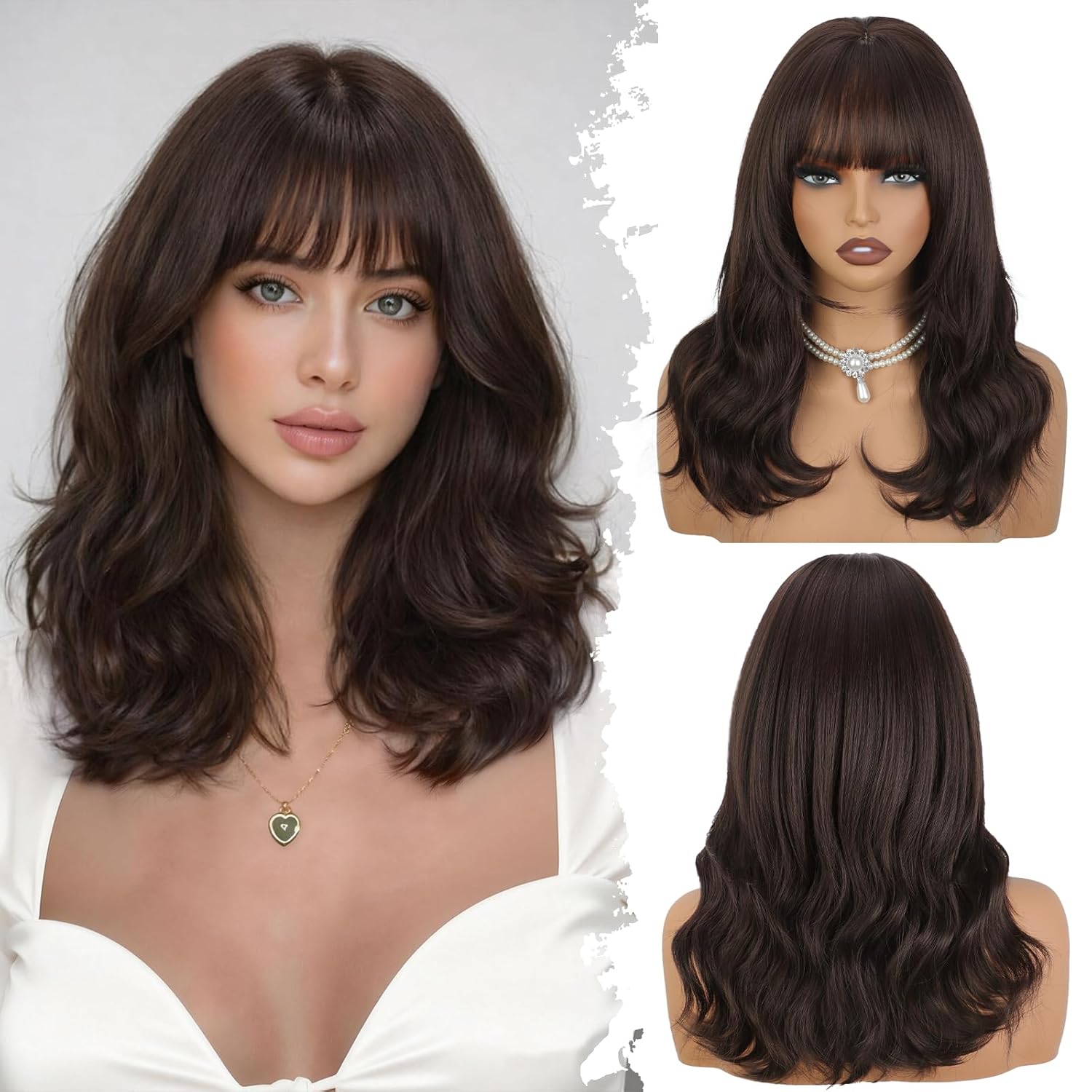 Brown Wigs with Bangs for Women, 4x4 Realistic Scalp Layered Curly Wavy Synthetic Wigs, Free Parting Natural Looking Heat Resistant Wig for Daily Party Use 18Inch