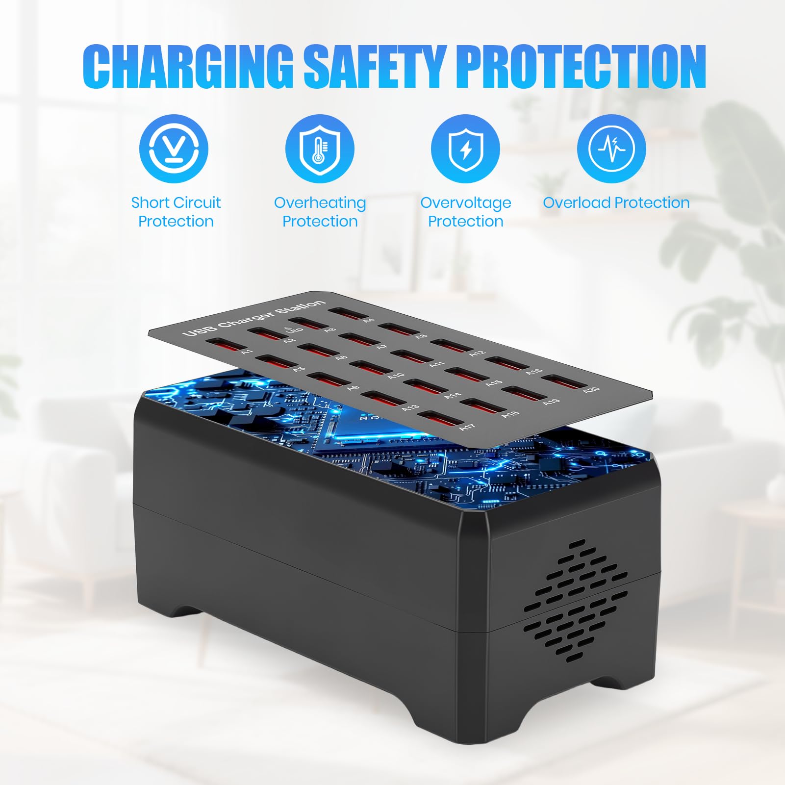 Stazione di Ricarica USB a 20 Porte, 100W Caricatore USB multiplo per Casa | Per Hotel Ufficio Viaggi Trasmissioni In Diretta, alimentatore USB da Tavolo per Telefono Tablet Cuffie Orologi