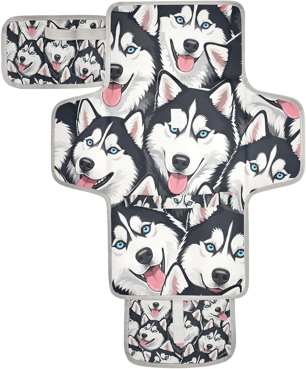Husky Dogs Design Cochecito portátil con cambiador de pañales | Cambiador plegable resistente al agua con bolsillo para toallitas y cojín de almohada suave, artículos esenciales para regalo de ducha para recién nacidos para niños y niñas