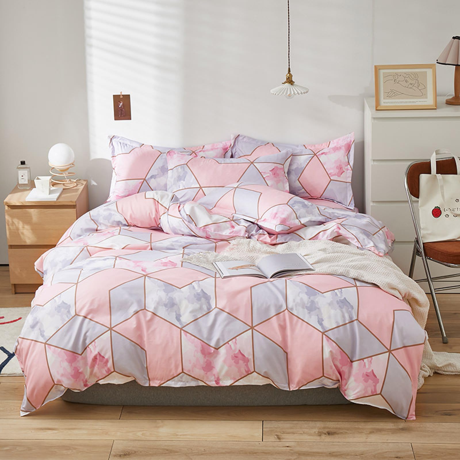 Double Duvet Set Pink Geometry Duvet Cover Sets 200X200,Printed Duvet Cover King Size,Comfy Breathable Quilt Cover, Bedding 3 Pcs with Zipper Closure + 2 Pillowcases