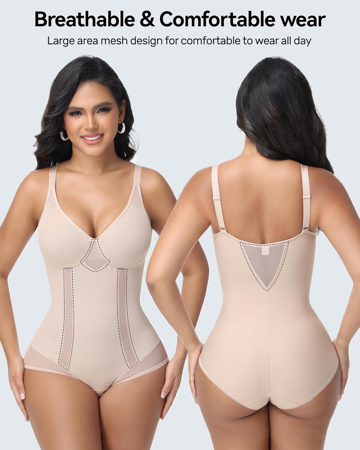 Shapewear Bodysuit with Underwire for Women Deep V Neck Faja Body Shaper Mesh Slimming Bodysuit - Image 5