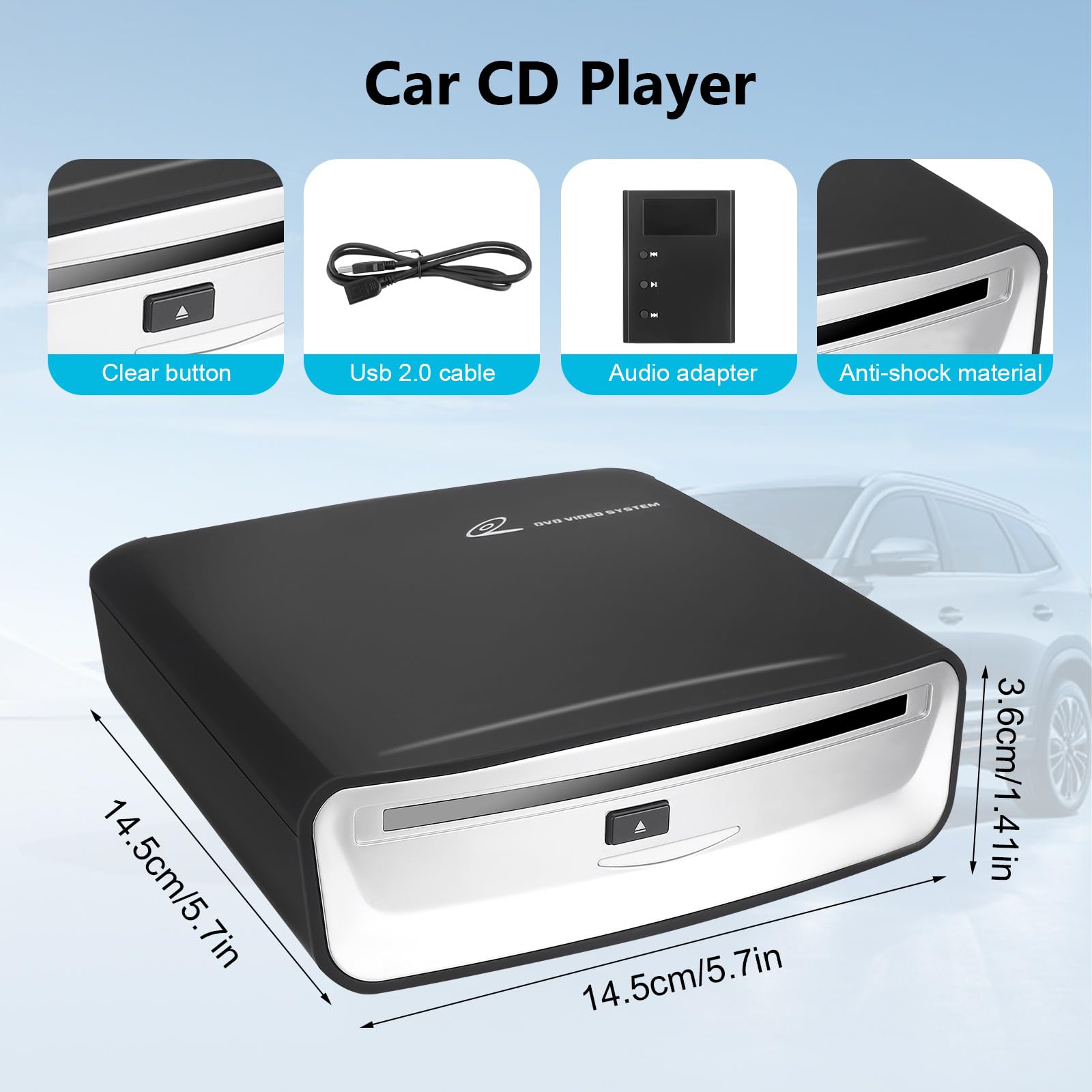 CD/DVD Player Auto Extern, Tragbarer CD Player Auto & Auto Radio CD/DVD Player mit USB A Anschluss, für Android Autoradio, Laptop & Fernseher, Plug & Play Unterstützung