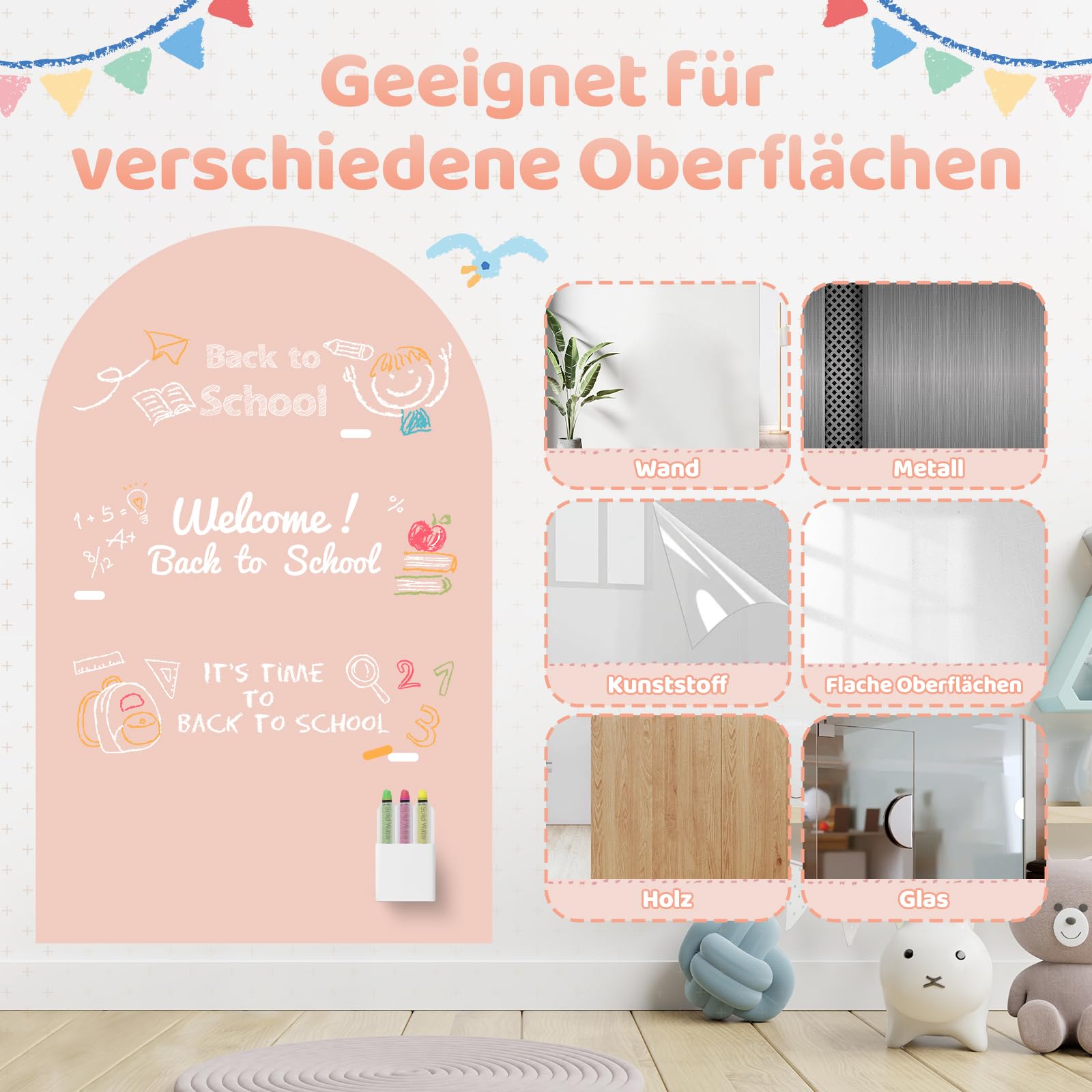 Magnettafel Kinder, 120 x 60 cm Magnetwand Gewölbte, 12 Kreidestiften, 1 Reinigungstuch, 6 Kreidehaltern, 1 Aufbewahrungsbox, Magnetische Zeichentafel für Jungen Mädchen(Kamelrosa)