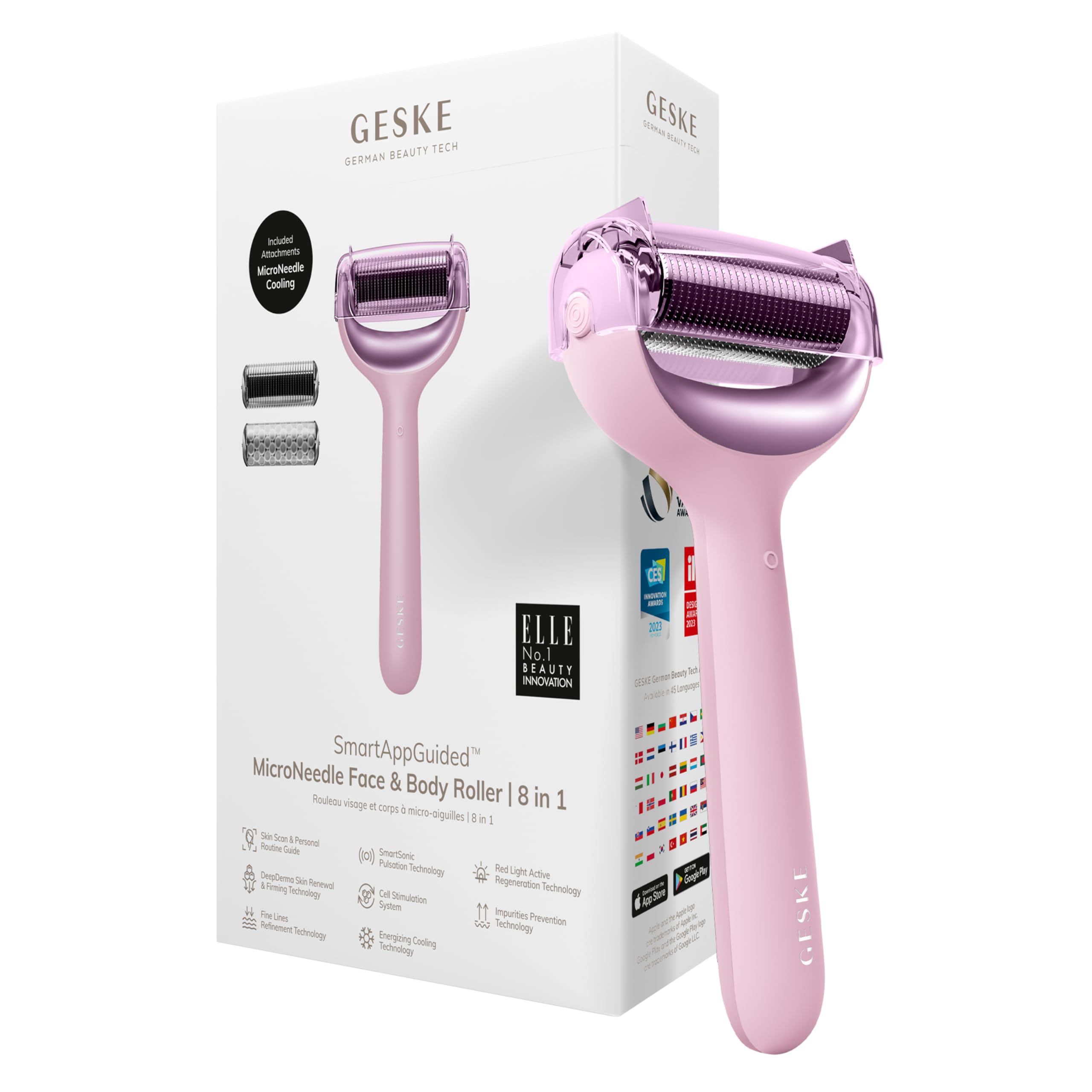 GESKE SmartAppGuided™ MicroNeedle Face & Body Roller, Pink